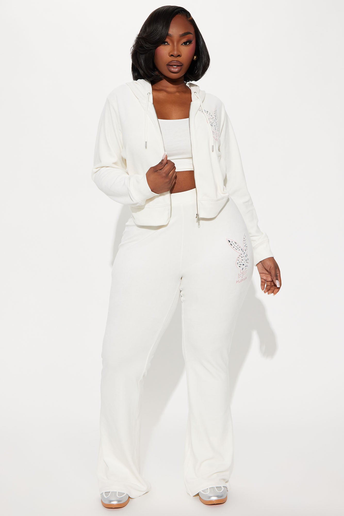 Playboy Rhinestone Velour Zip Front Hoodie - Cream - Image 7