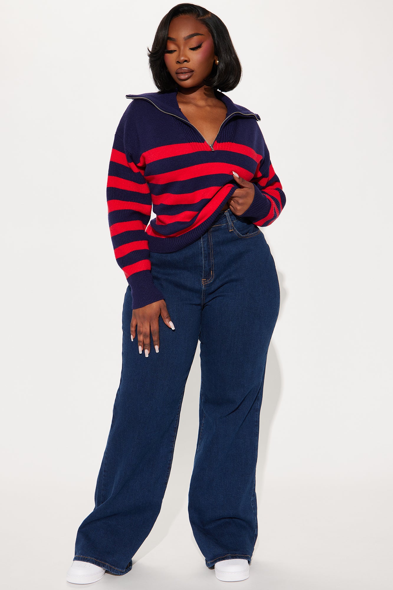 Nadine Striped Quarter Zip Sweater - Navy/Red - Image 5