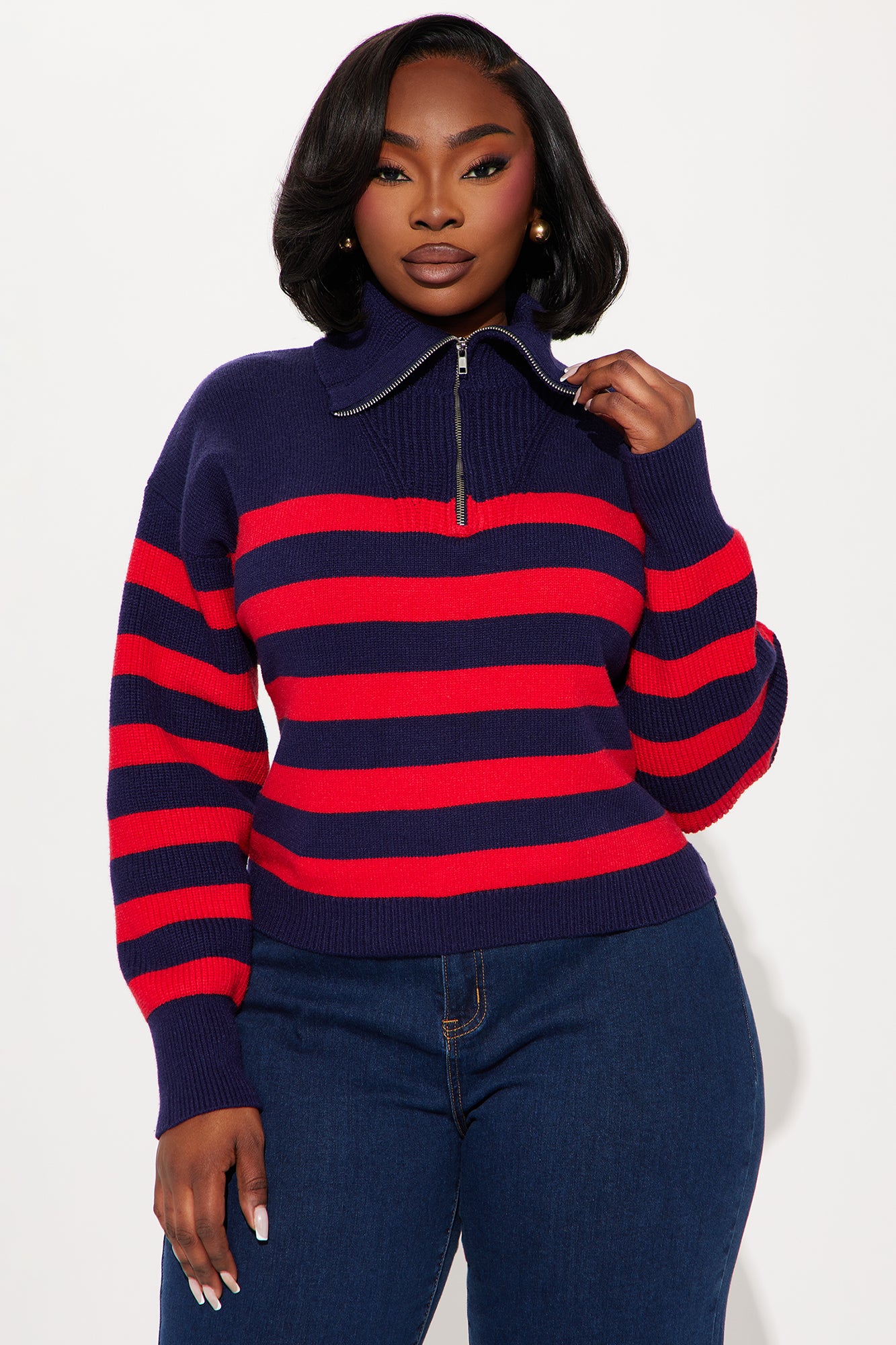 Nadine Striped Quarter Zip Sweater - Navy/Red - Image 4