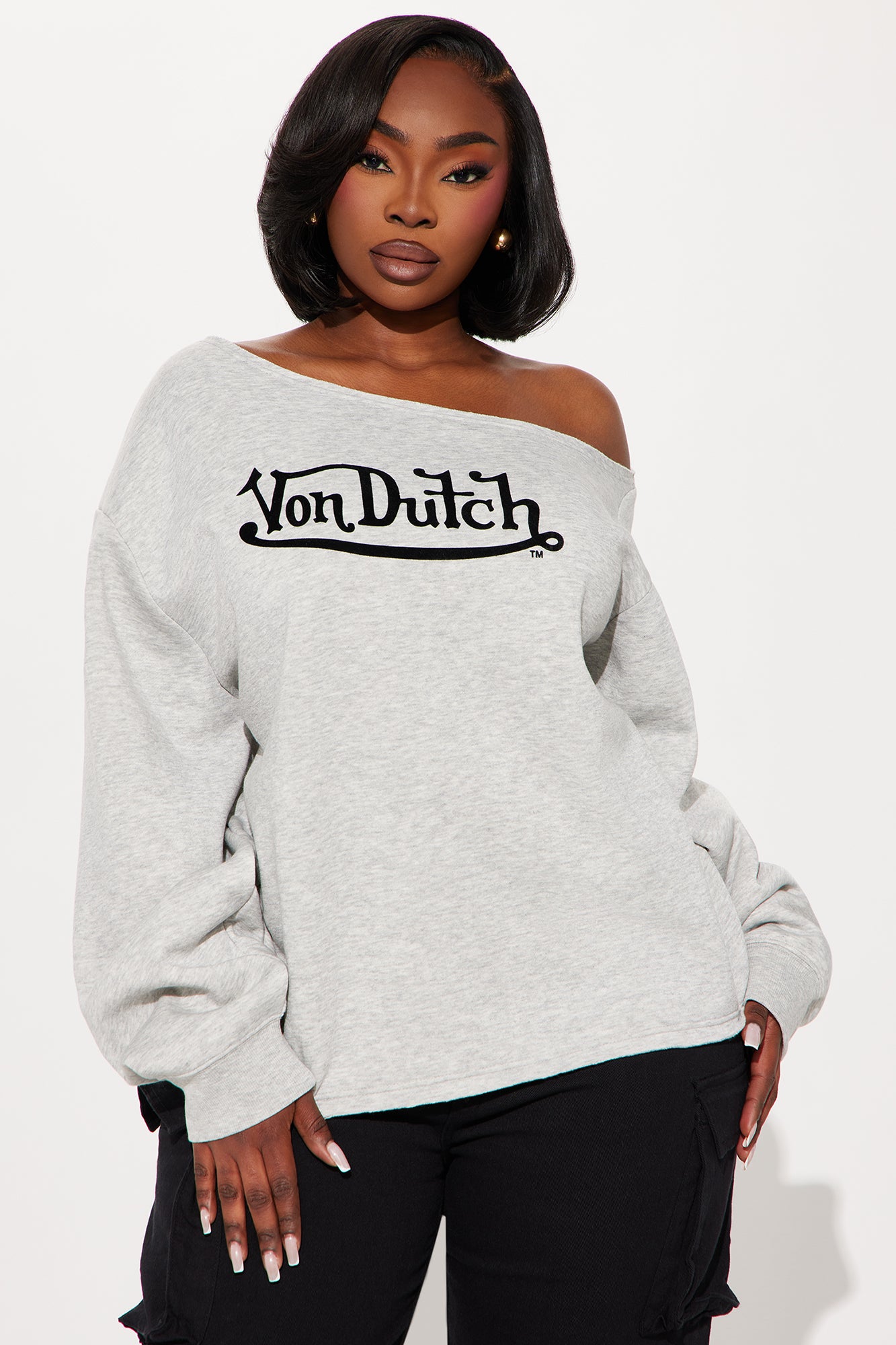 Von Dutch Timeless Off Shoulder Sweatshirt - Heather Grey - Image 5