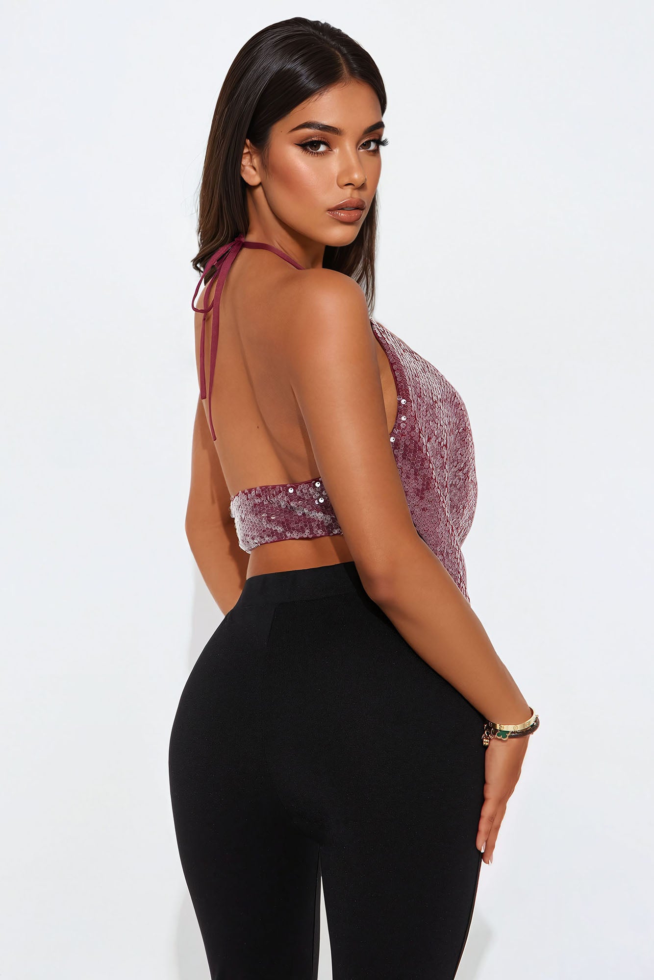 Spotlight Sequin Halter Top - Burgundy - Image 4