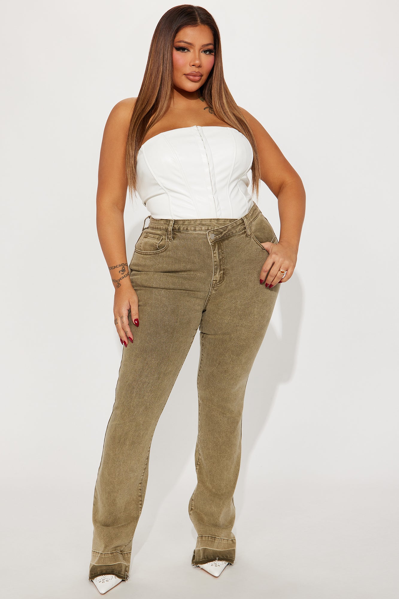 Verdant High Rise Stretch Flare Jeans - Olive - Image 4