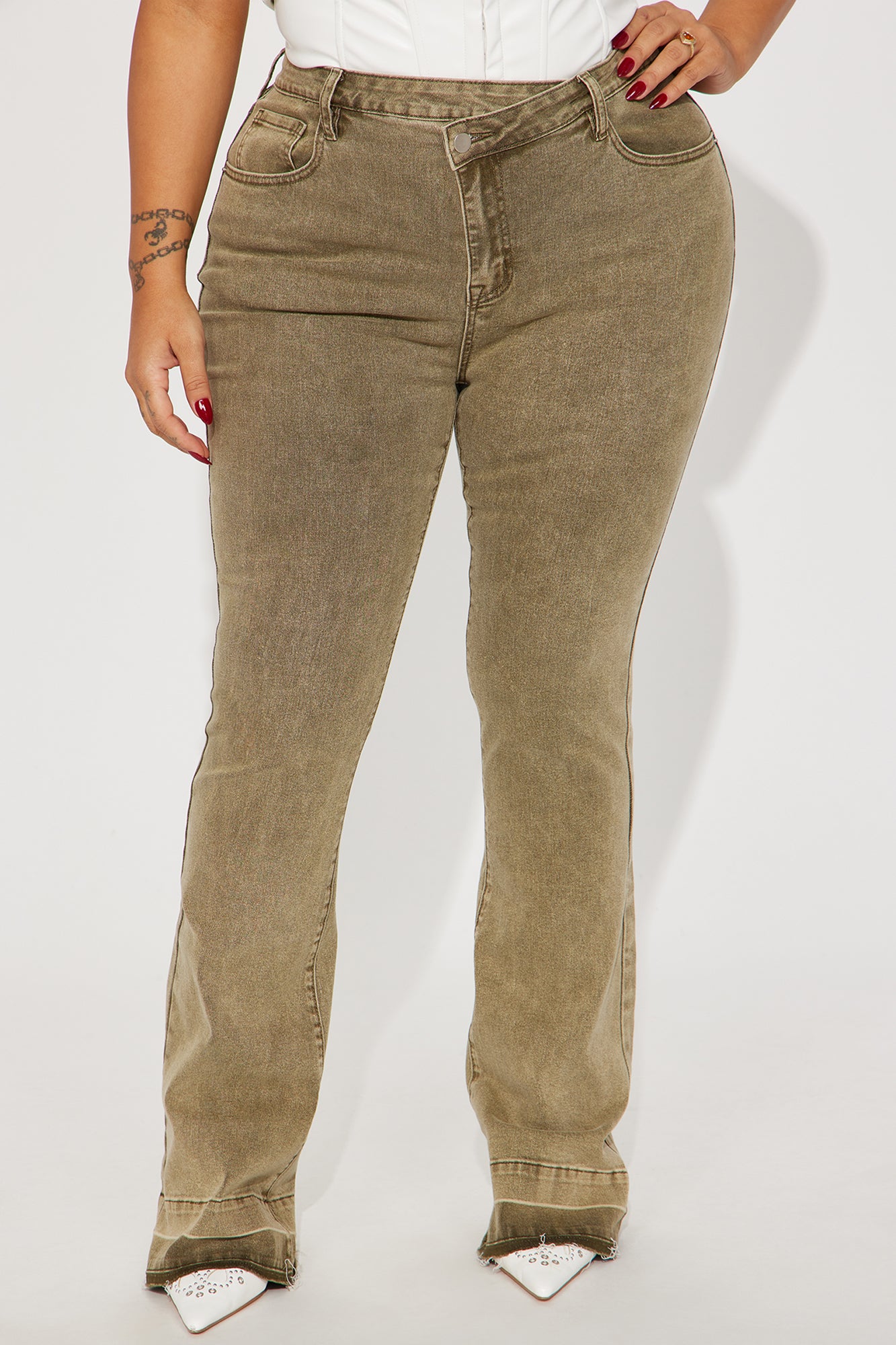 Verdant High Rise Stretch Flare Jeans - Olive - Image 5