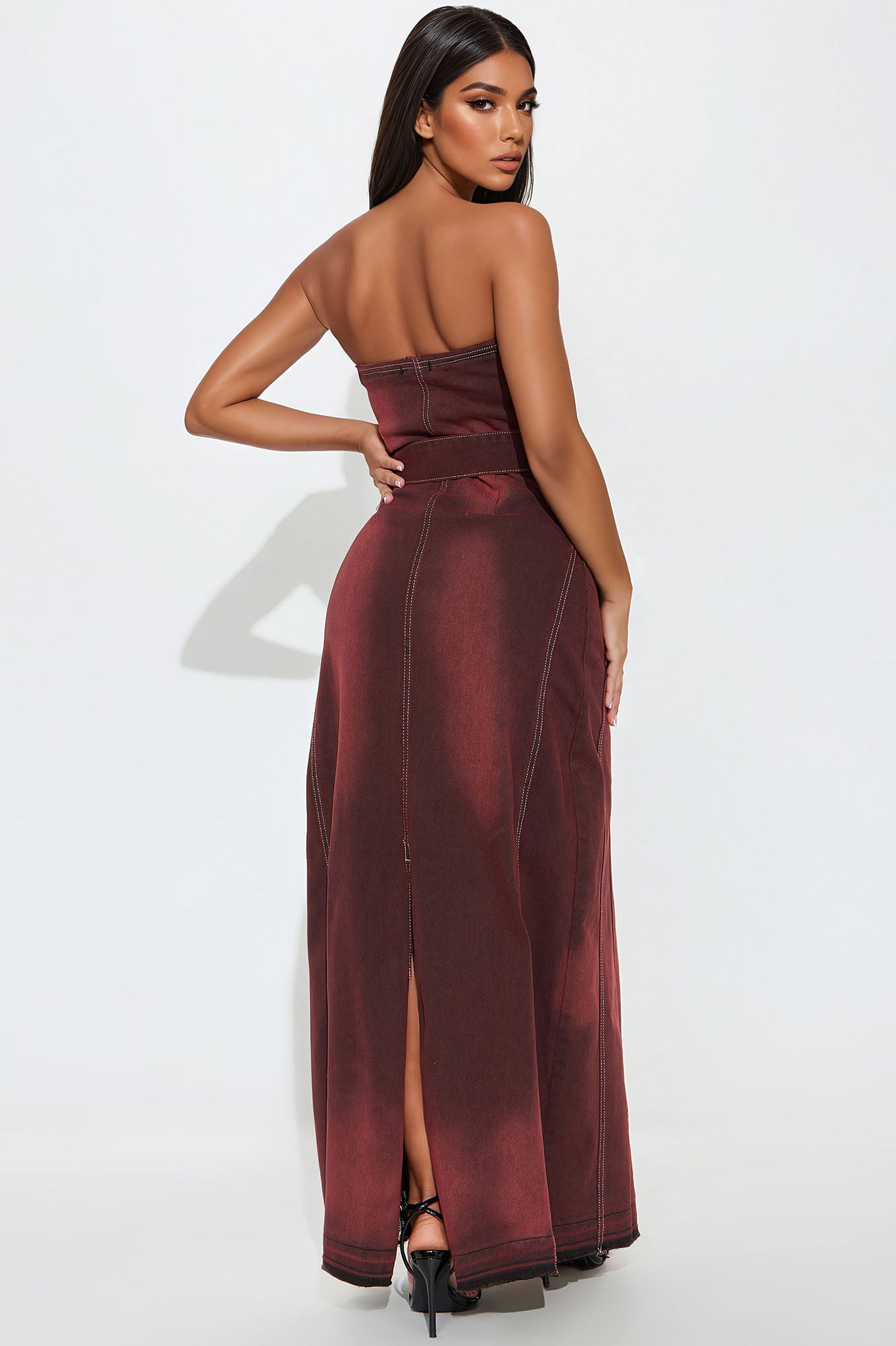 Mila Denim Maxi Dress - Burgundy - Image 3
