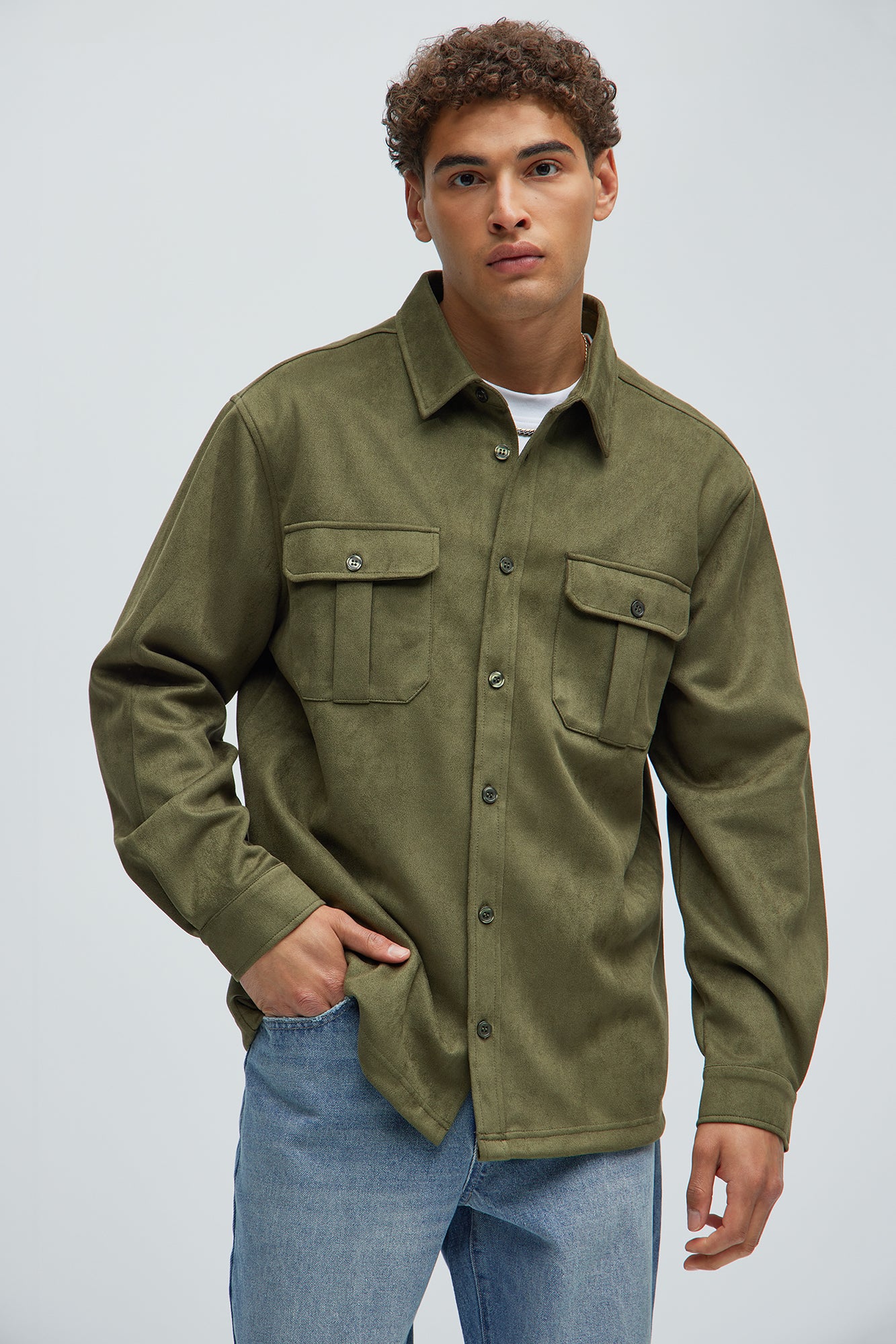 Ardee Faux Suede Button Up Shirt - Olive - Image 3