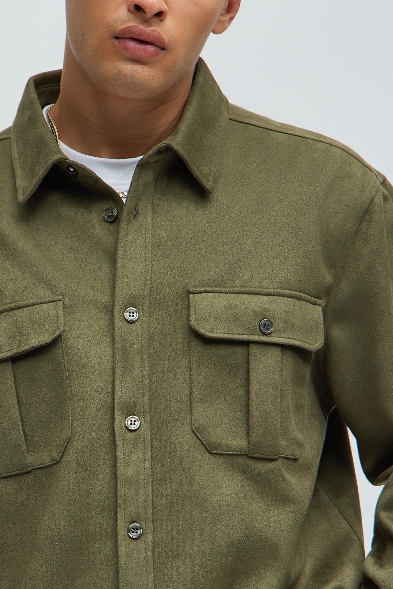 Ardee Faux Suede Button Up Shirt - Olive - Image 4