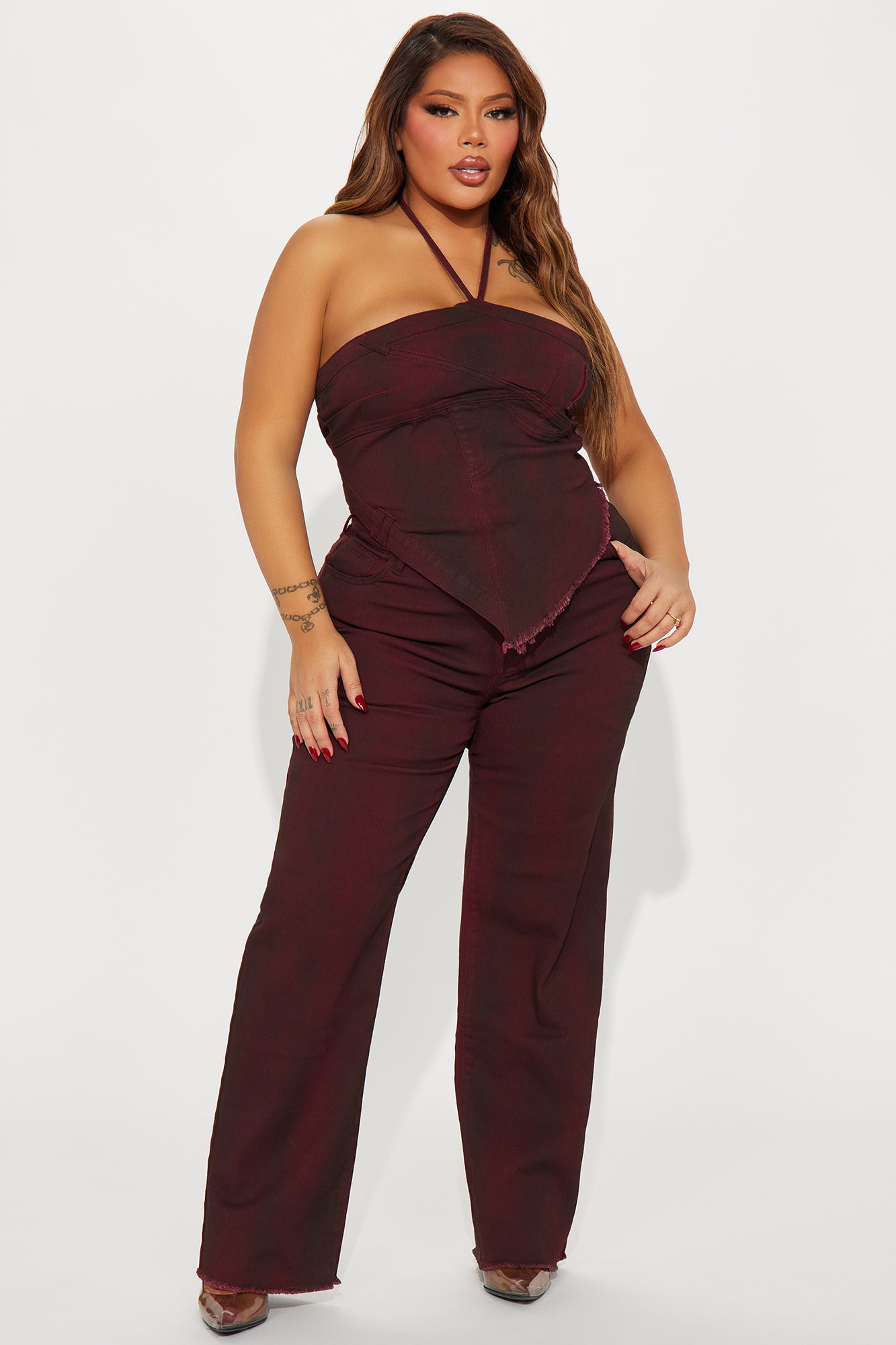 Next Level Washed Denim Pant Set - Wine - Image 4