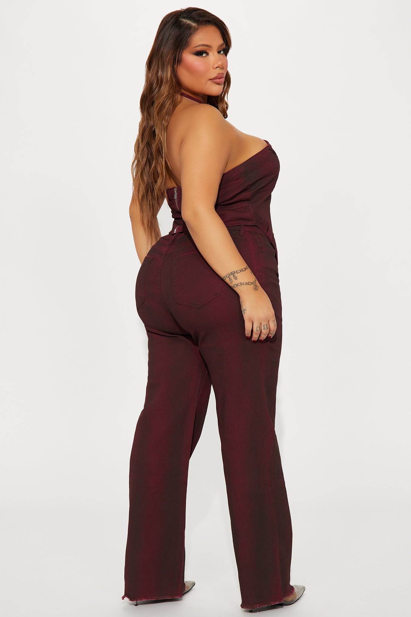 Next Level Washed Denim Pant Set - Wine - Image 6