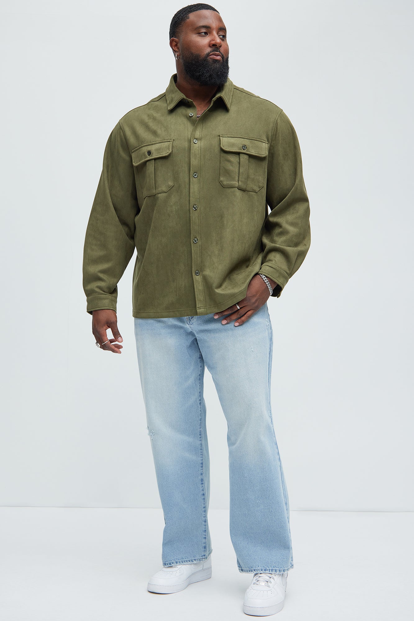 Ardee Faux Suede Button Up Shirt - Olive - Image 7