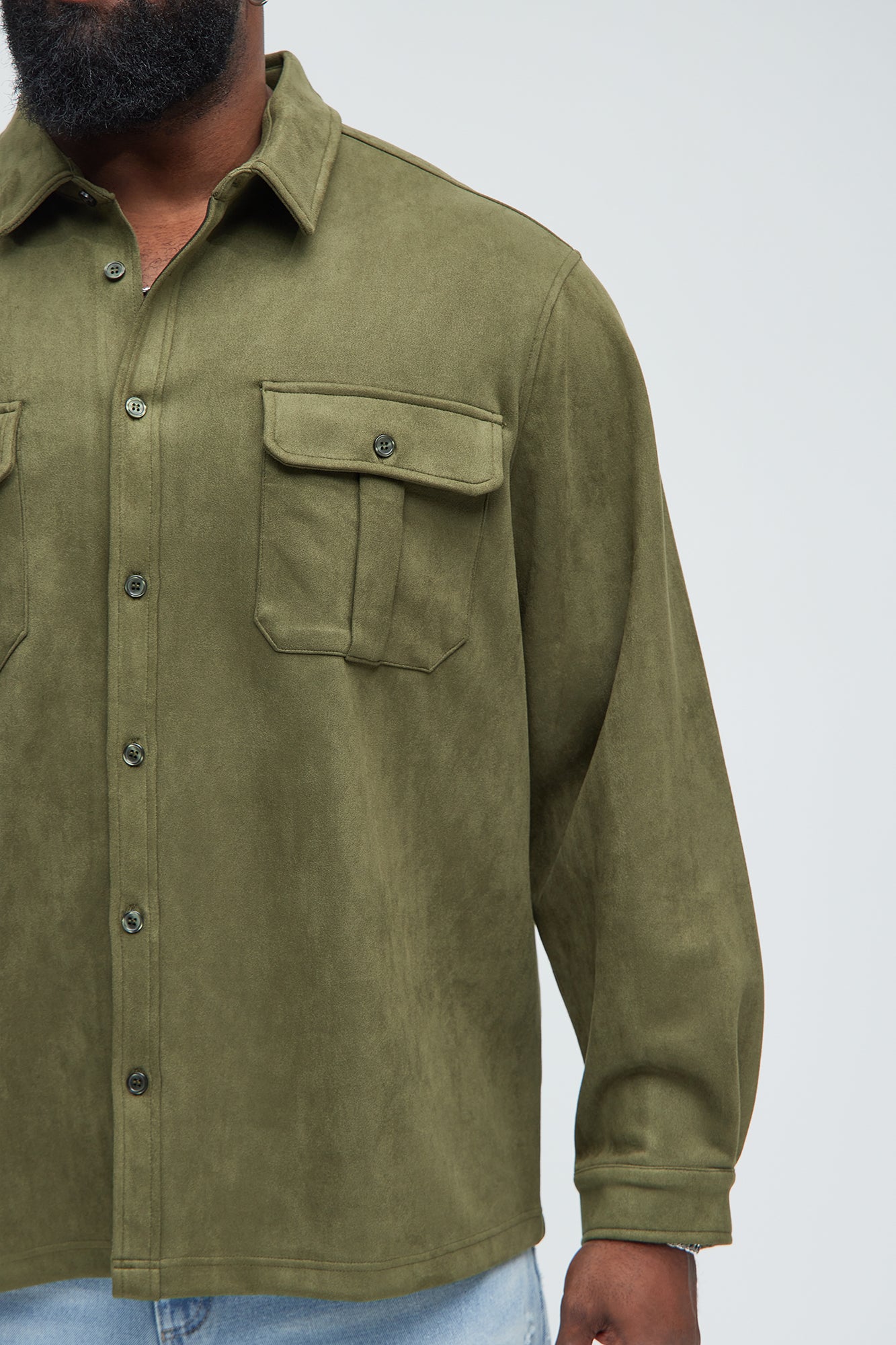 Ardee Faux Suede Button Up Shirt - Olive - Image 8