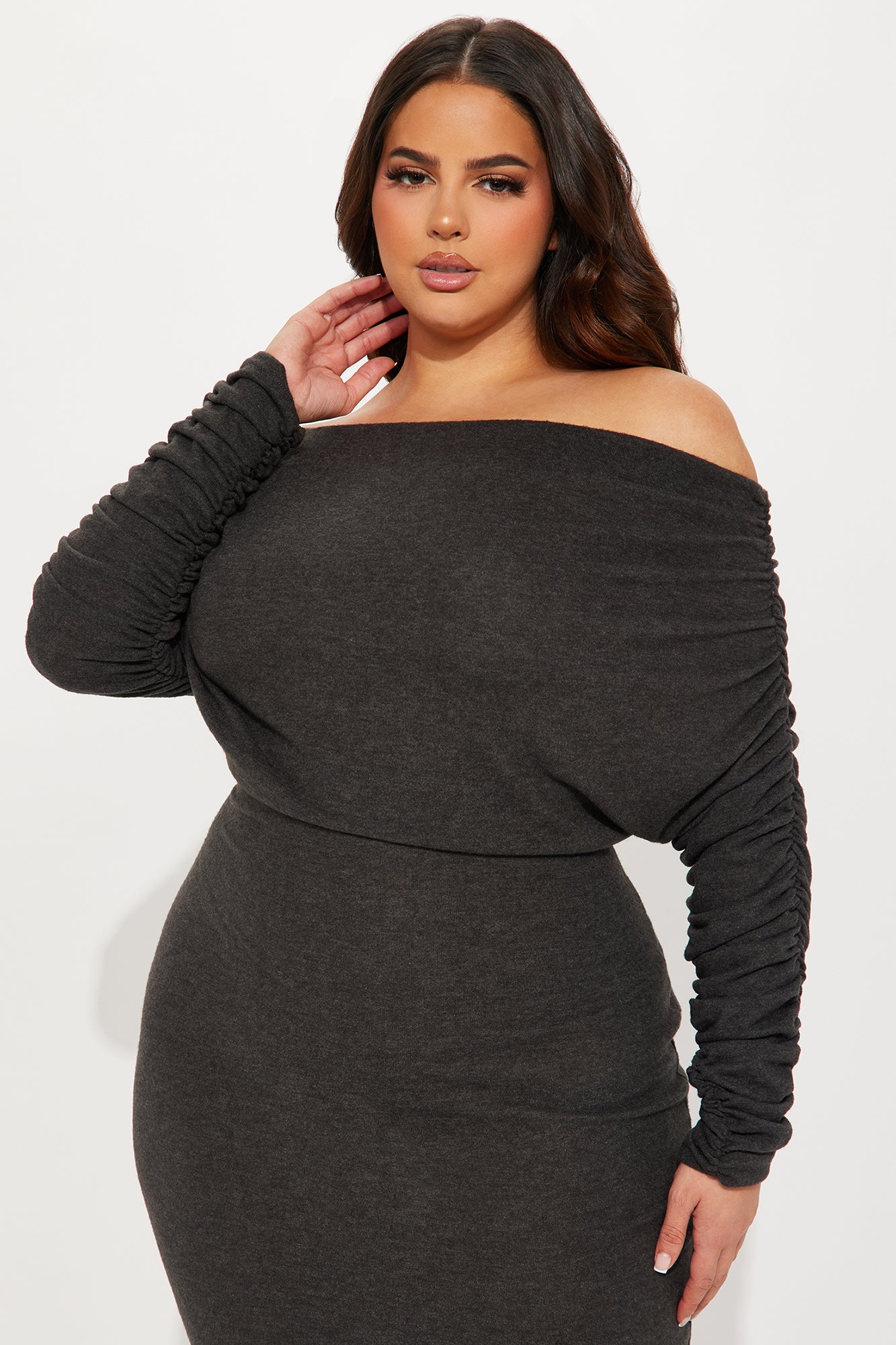 Yasmine Off Shoulder Sweater Maxi Dress - Charcoal - Image 6