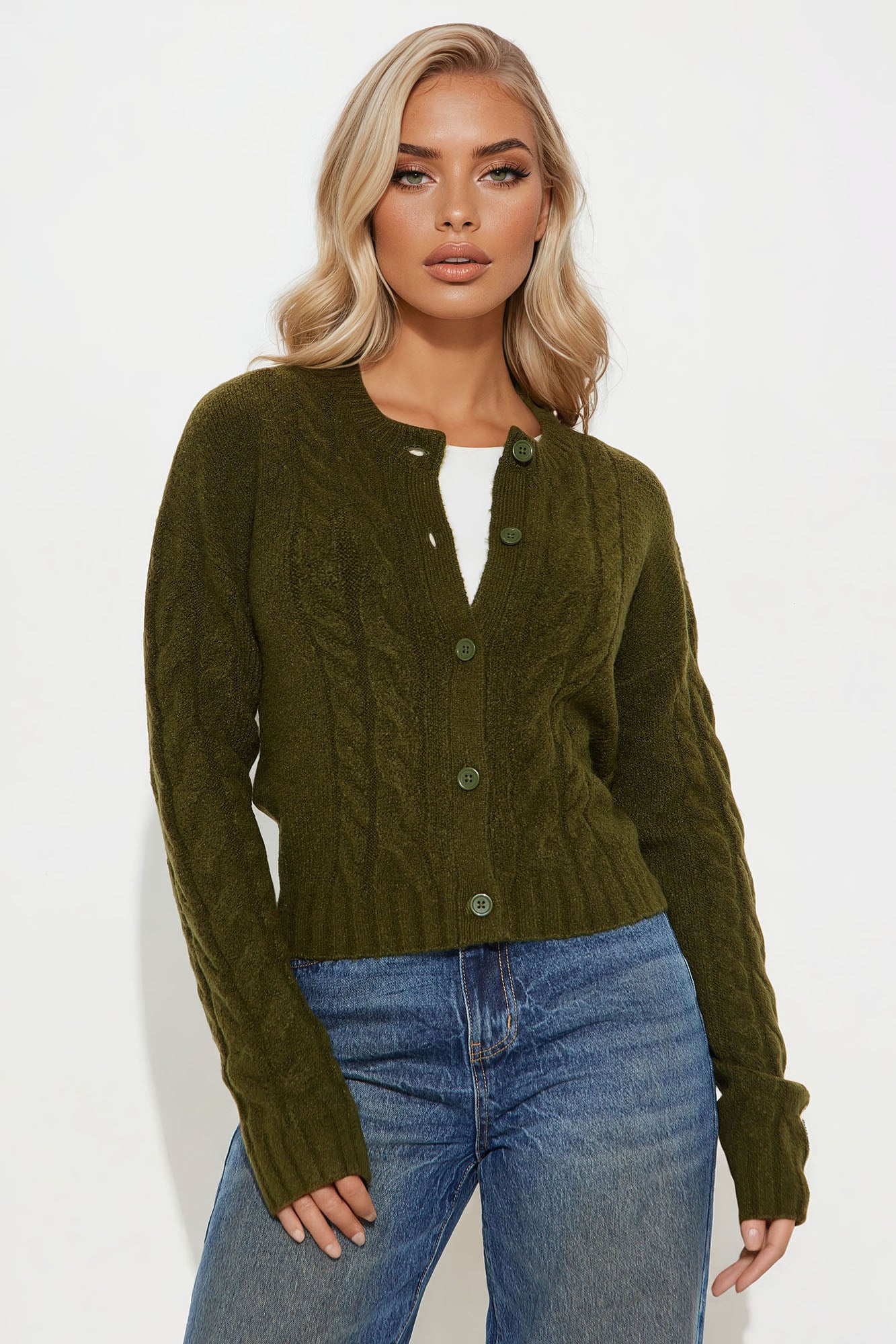 Charlotte Cable Knit Cardigan - Olive - Image 3