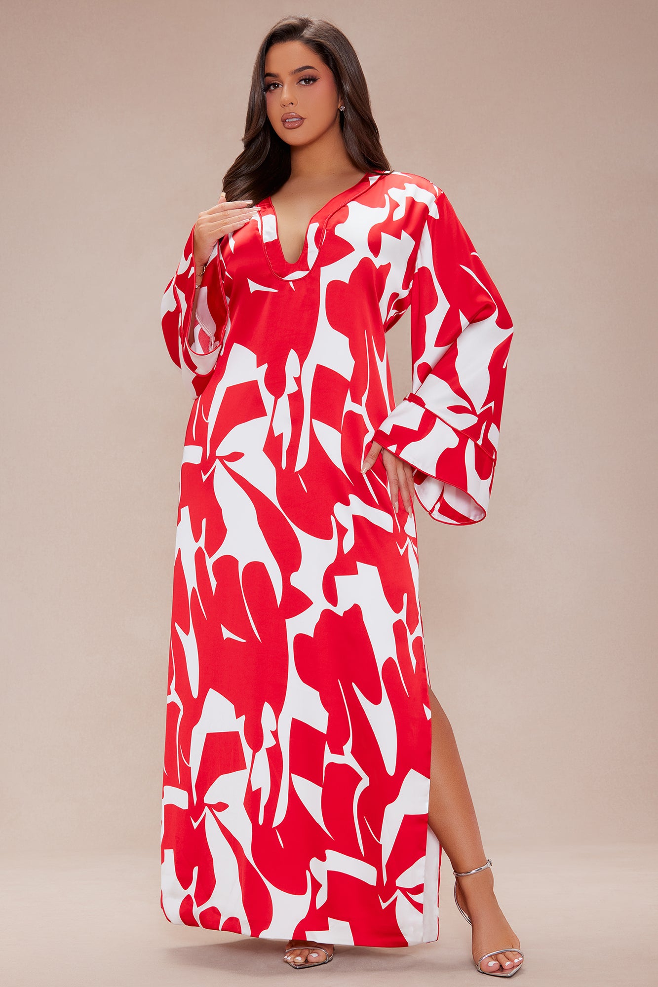 Sienna Satin Kaftan Maxi Dress - Red/combo - Image 5