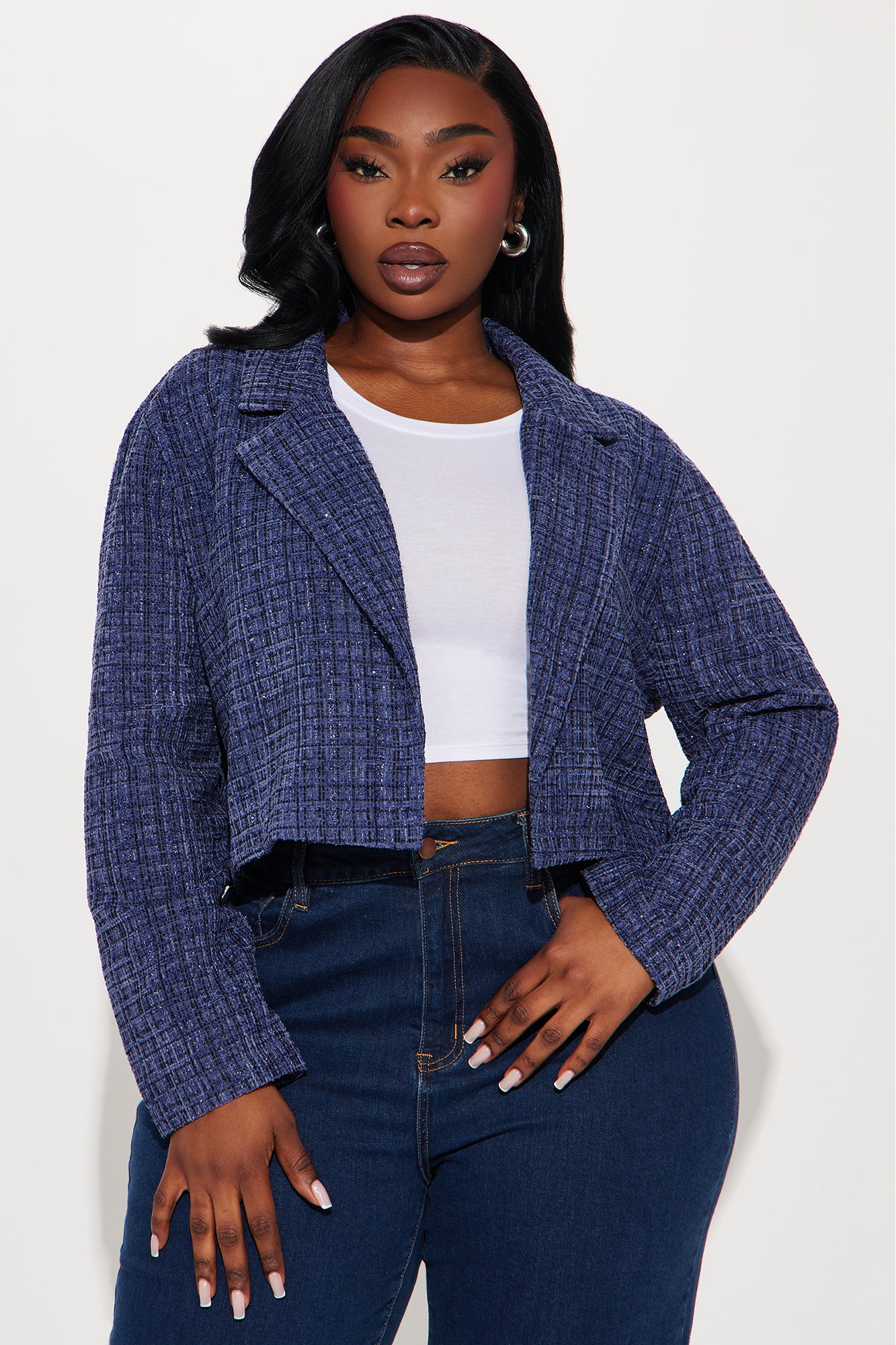 Charlie Tweed Cropped Blazer - Navy - Image 4
