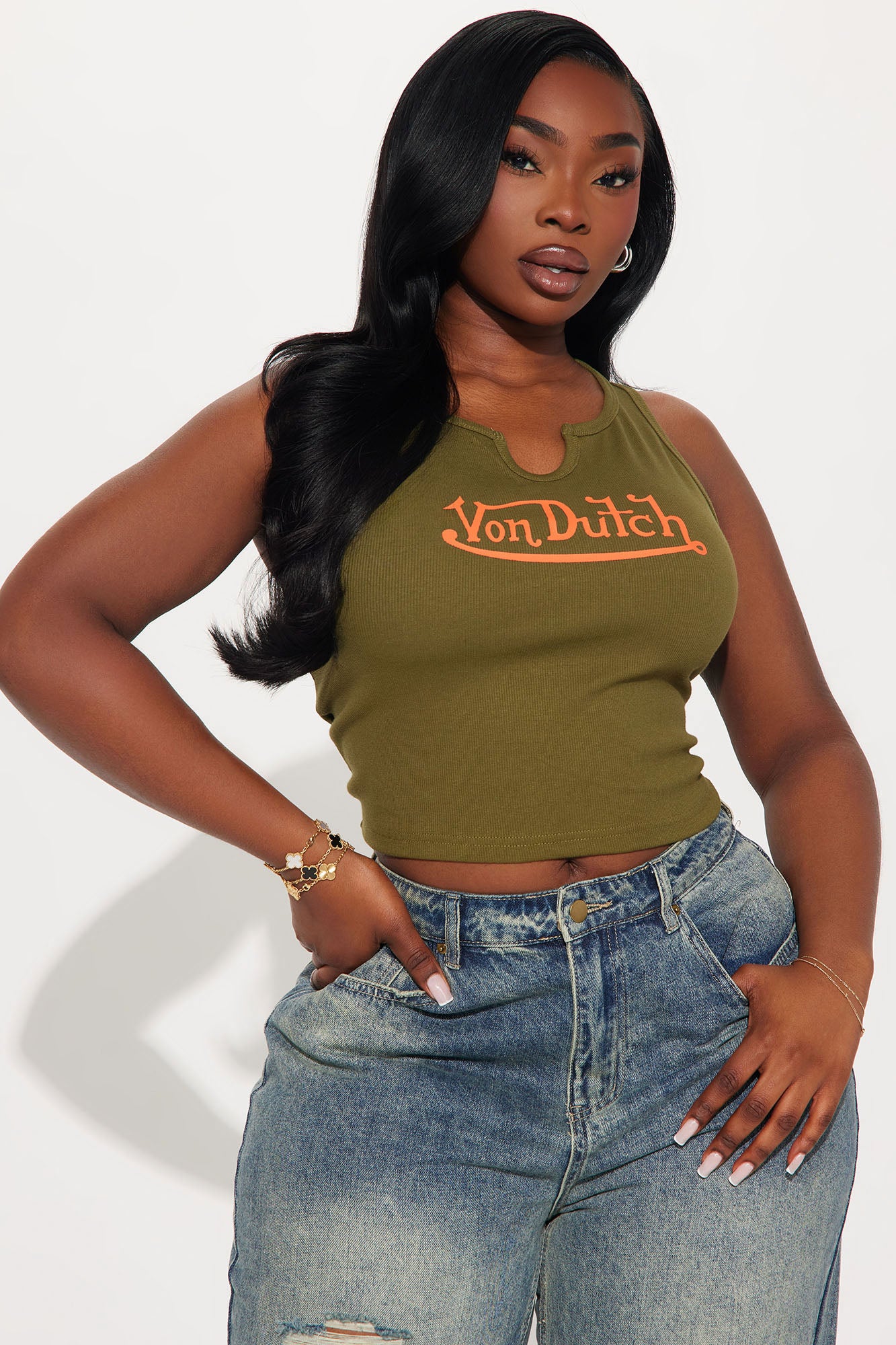 Von Dutch Distressed Notch Neck Tank Top - Olive - Image 4