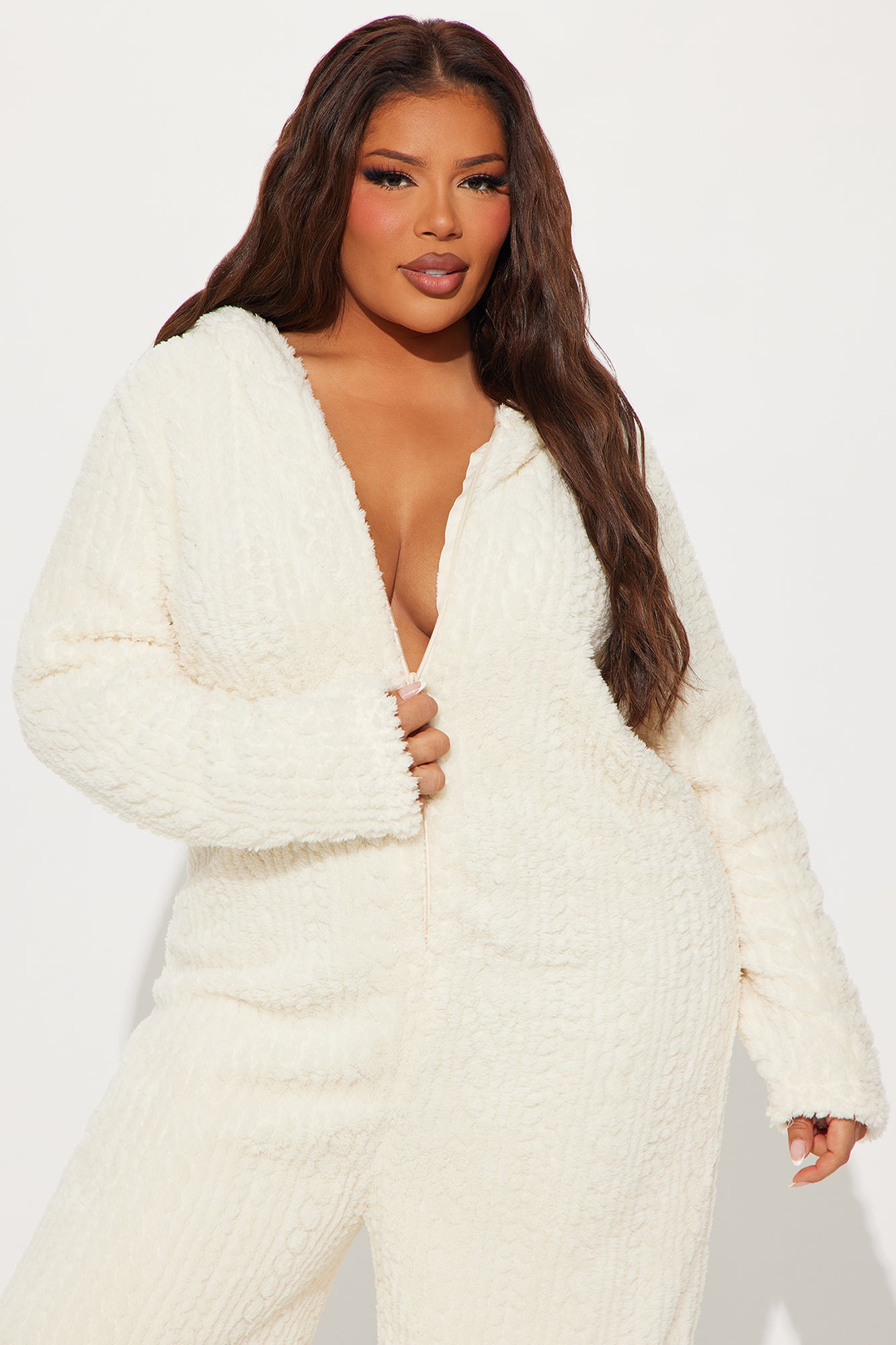 Comfy Cozies Textured Plush Hooded PJ Jumpsuit Onesie - Ivory - Image 5