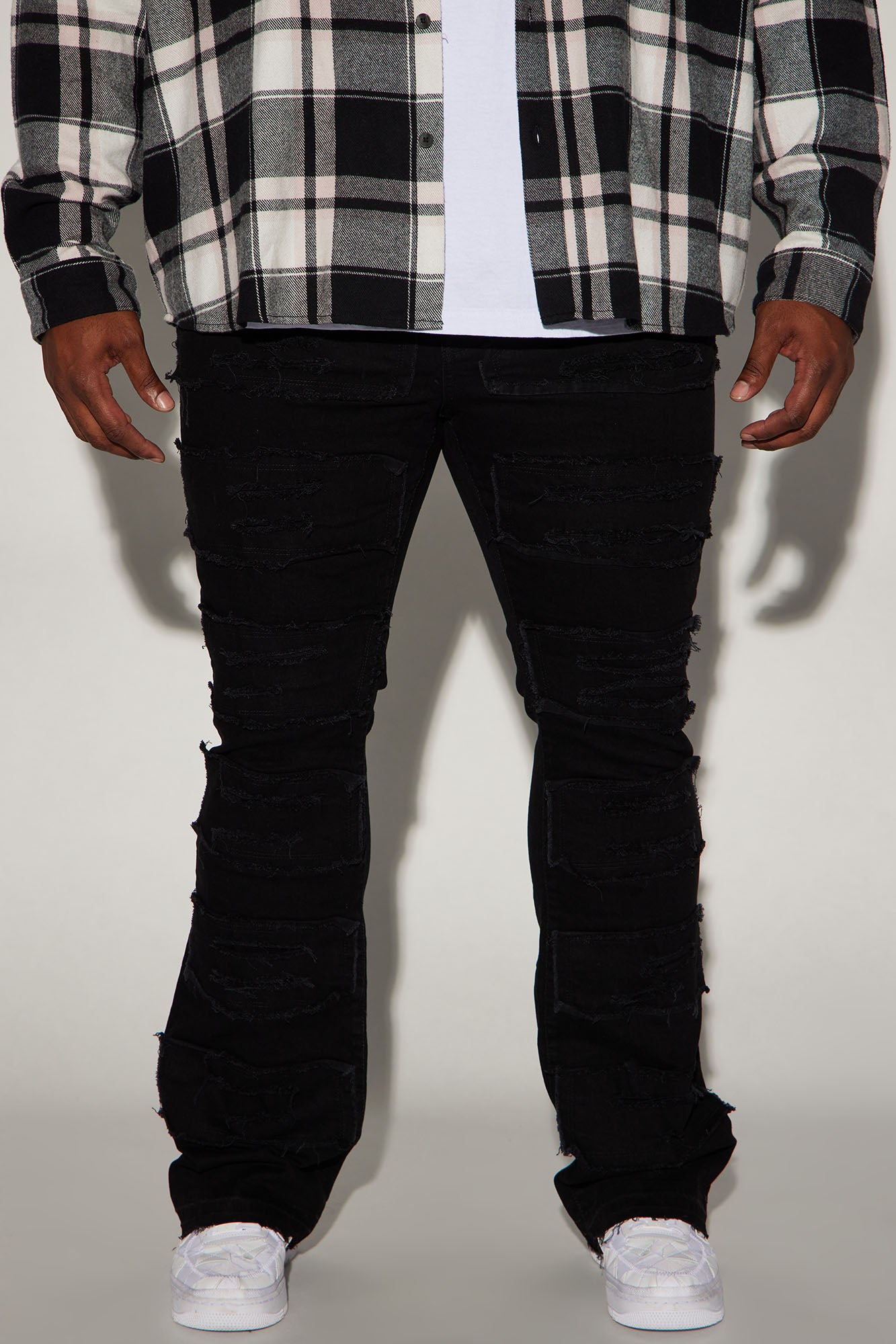 Patch Ripped Stacked Skinny Flare Jeans - Black - Image 5
