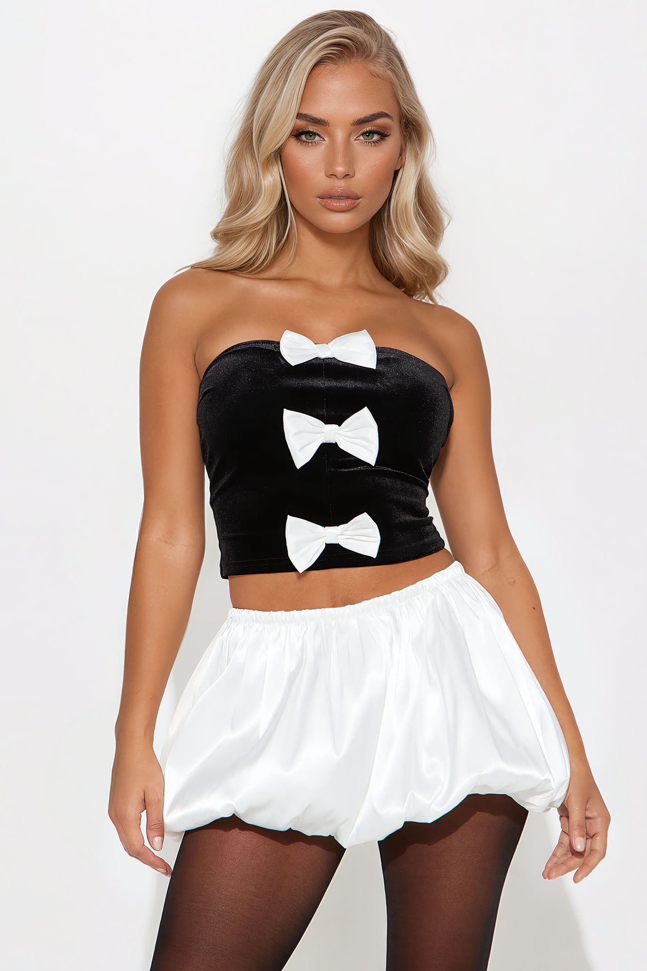 Bow Life Bubble Hem Skirt Set - Black/White - Image 3