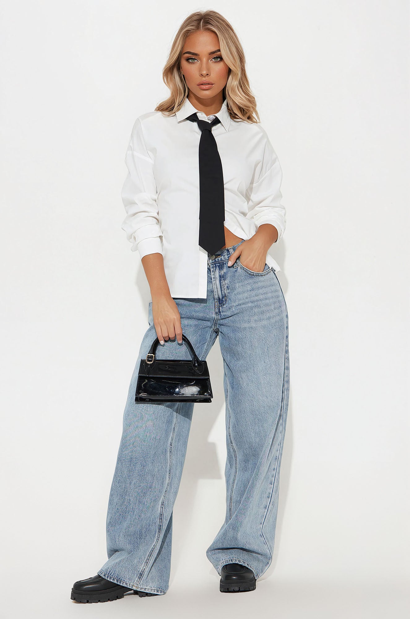Always Proper Poplin Tie Shirt - White/Black - Image 3