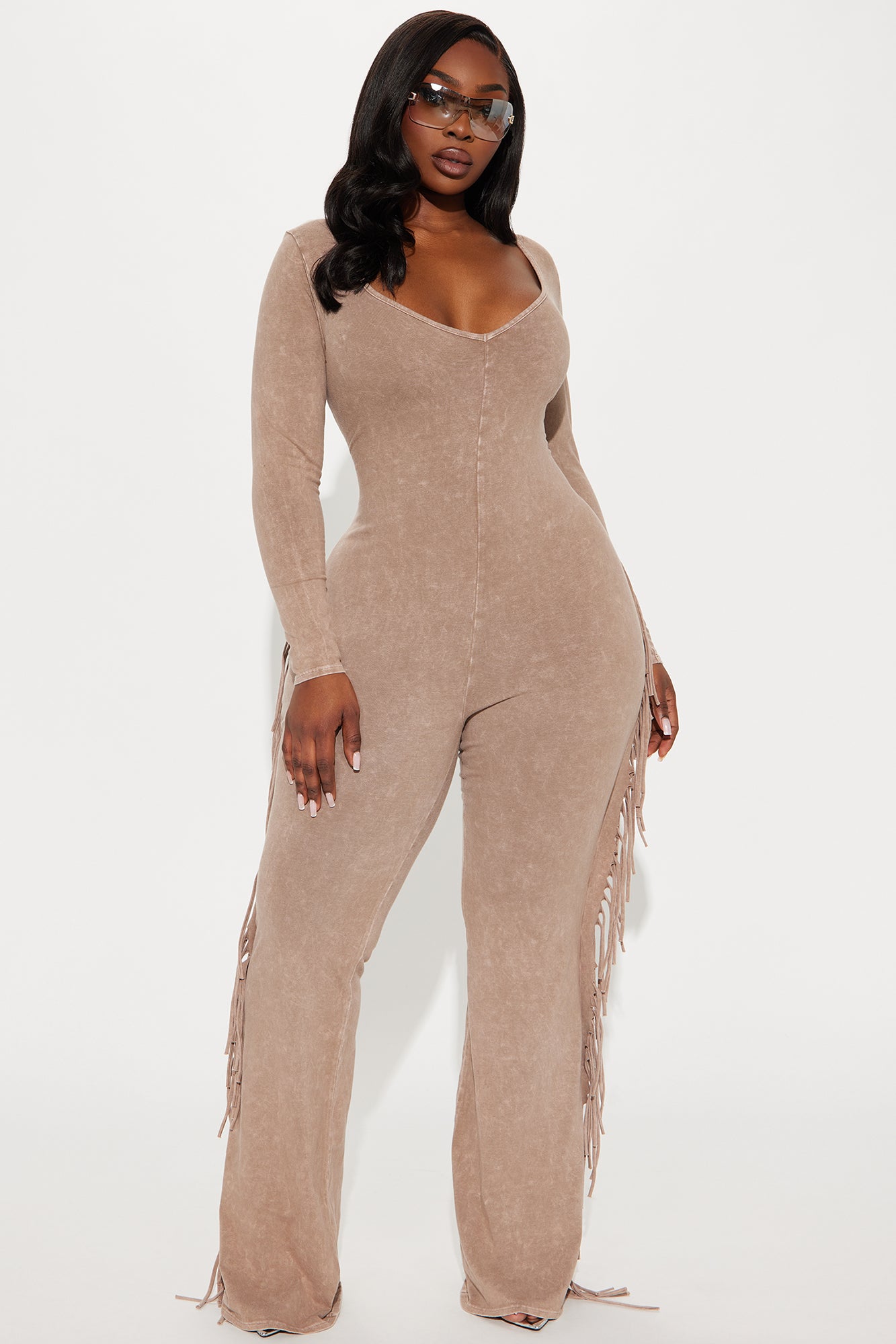 Carry Me Higher Long Sleeve Fringe Jumpsuit - Mocha - Image 4