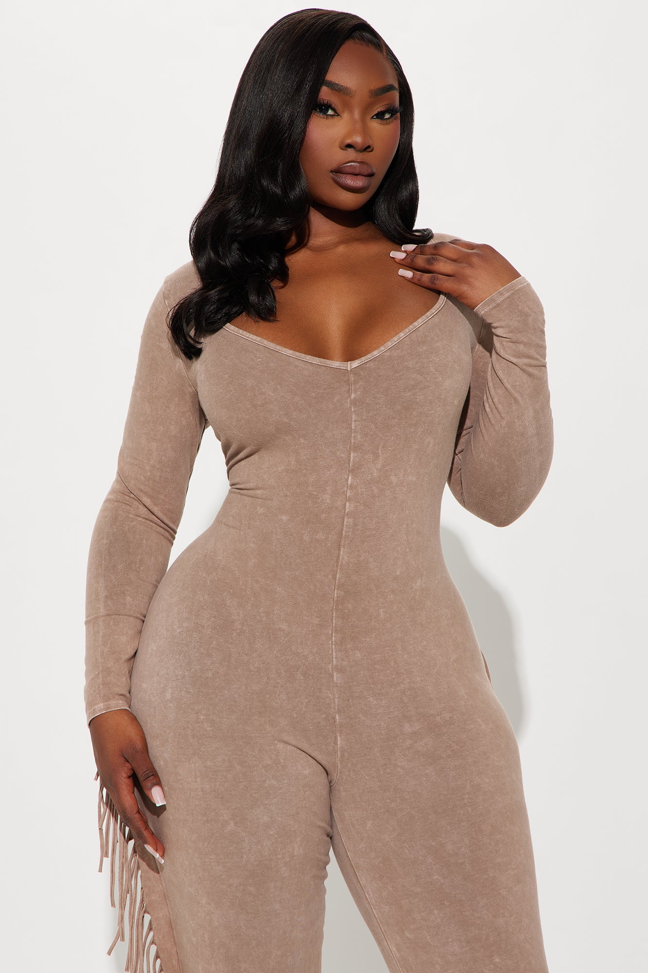 Carry Me Higher Long Sleeve Fringe Jumpsuit - Mocha - Image 5