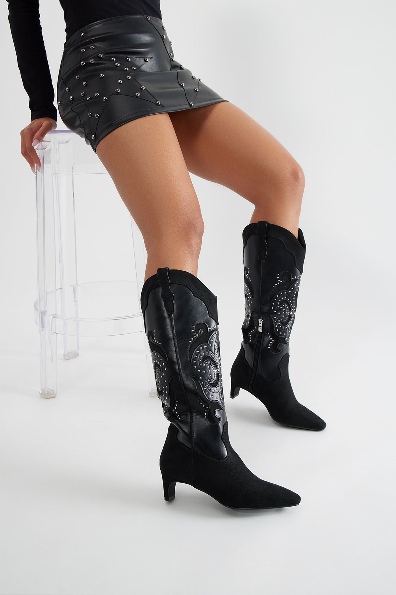 Atlanta Studded Cowboy Boots - Black - Image 4