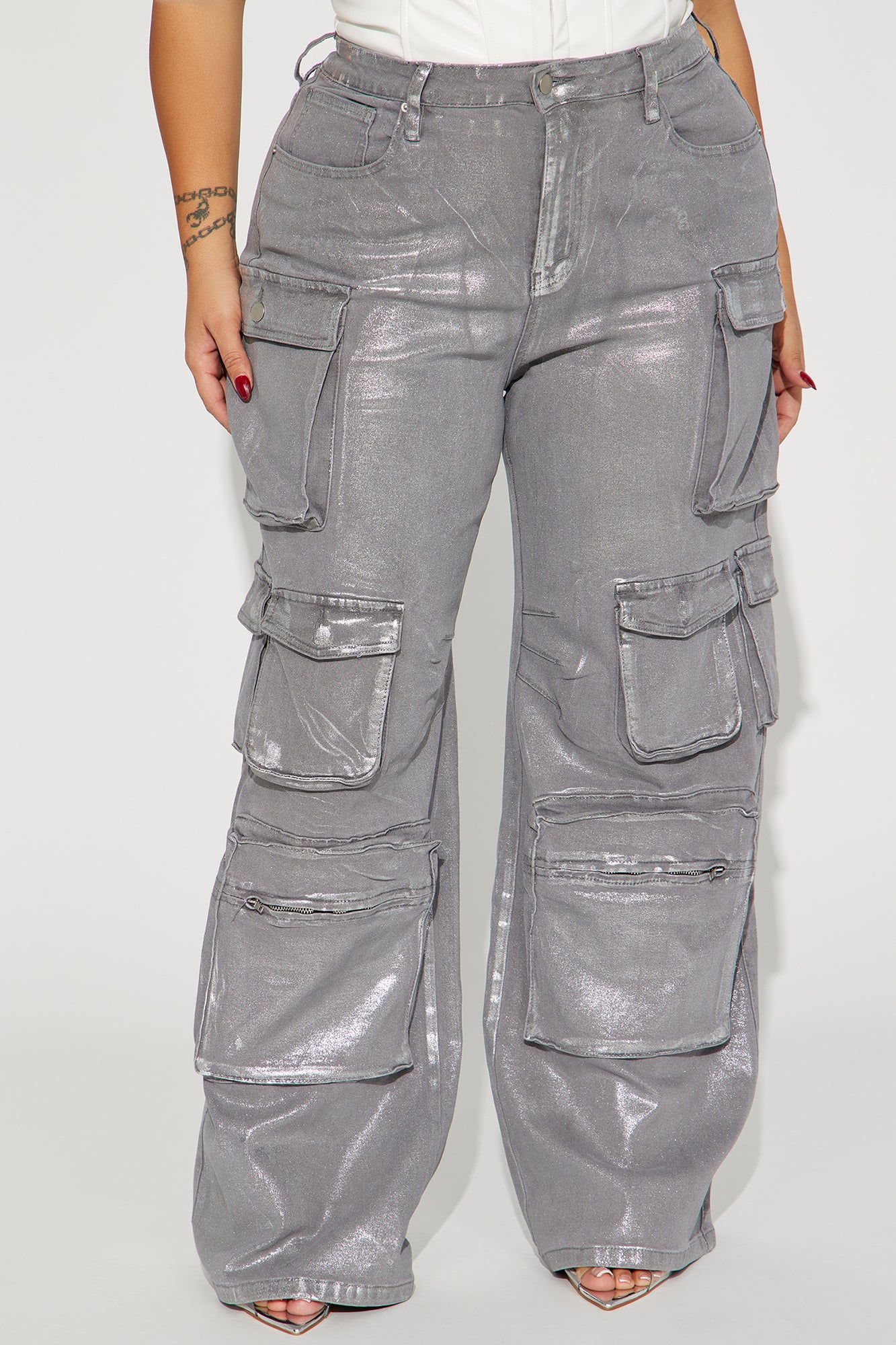 Time To Shine Foil Baggy Cargo Jeans - Silver - Image 6