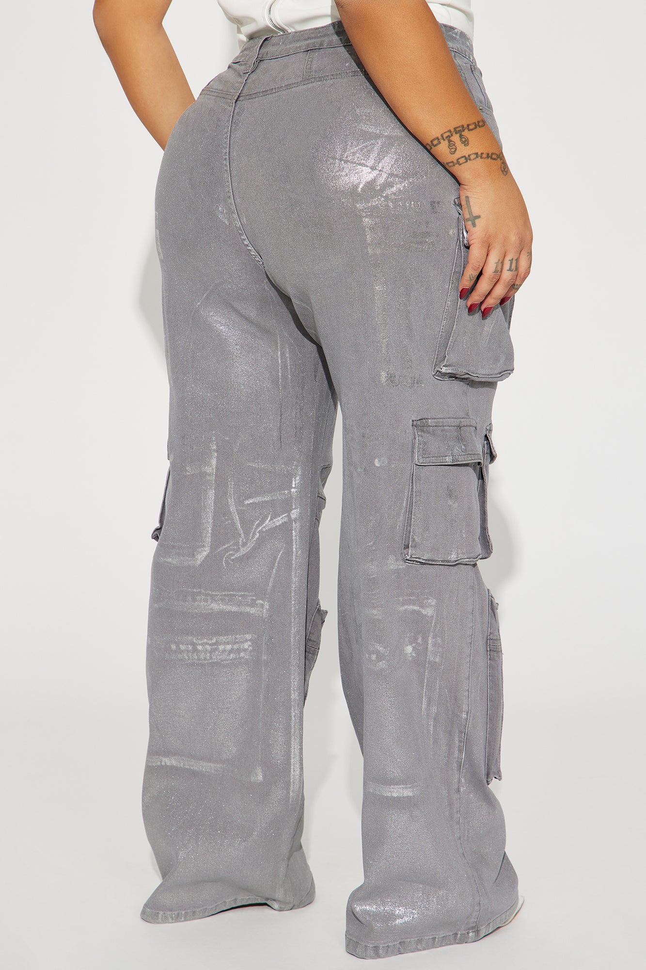 Time To Shine Foil Baggy Cargo Jeans - Silver - Image 7