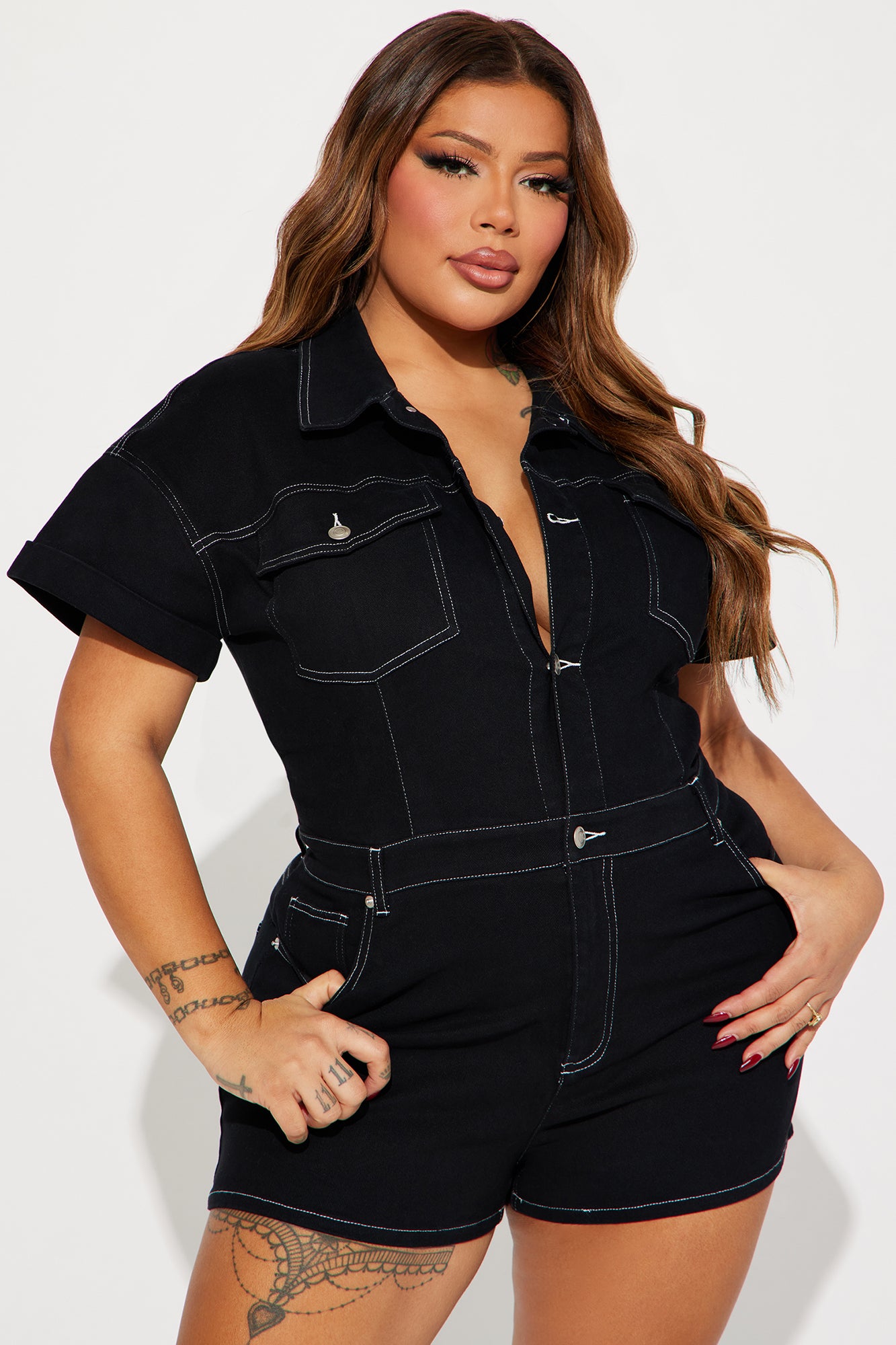 Talk To Me Denim Romper - Black/White - Image 6