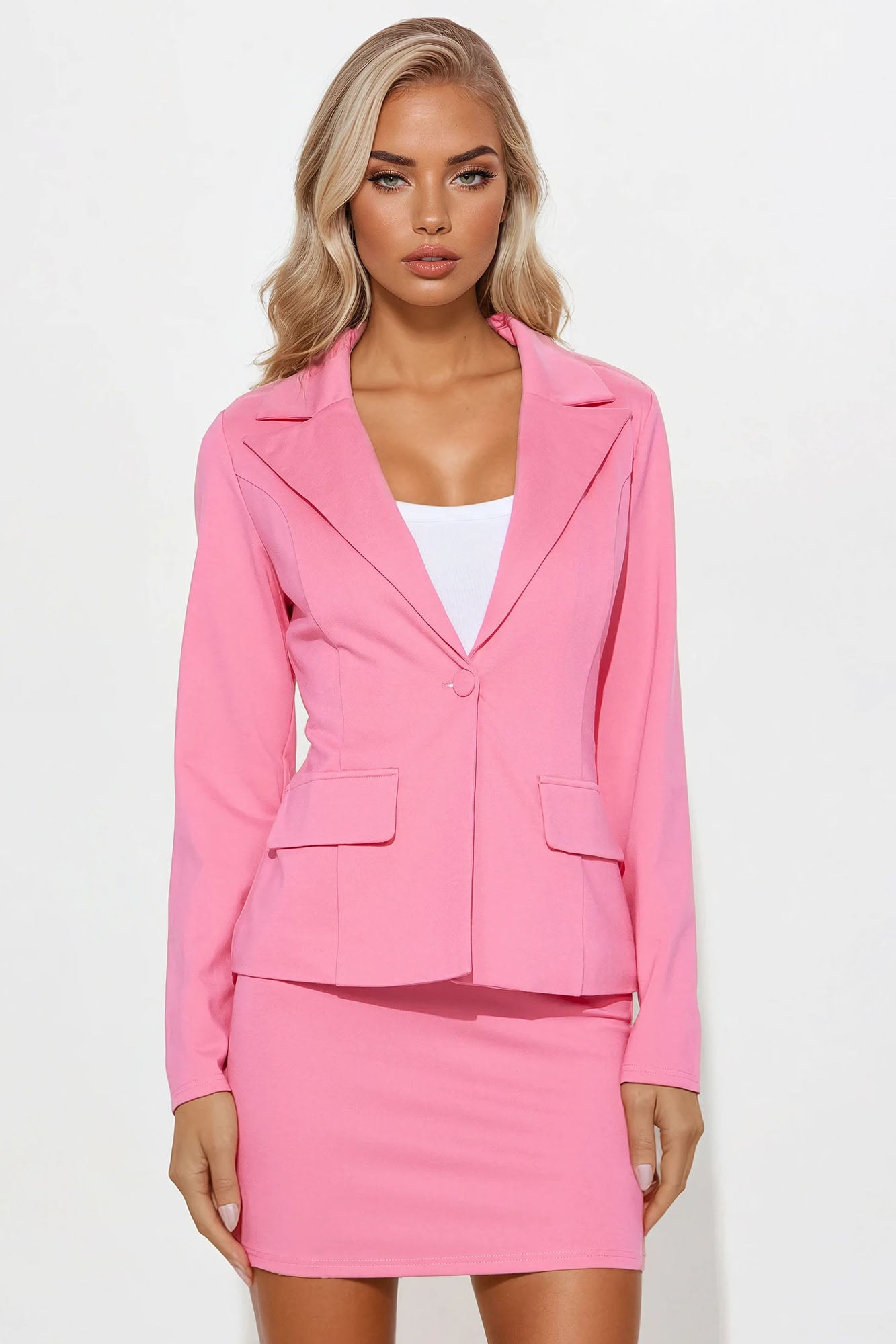 The Mia Double Lined Ponte Blazer Skirt Set - Pink - Image 3