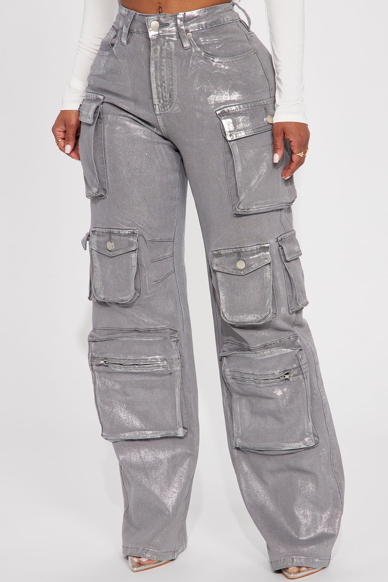 Time To Shine Foil Baggy Cargo Jeans - Silver - Image 3