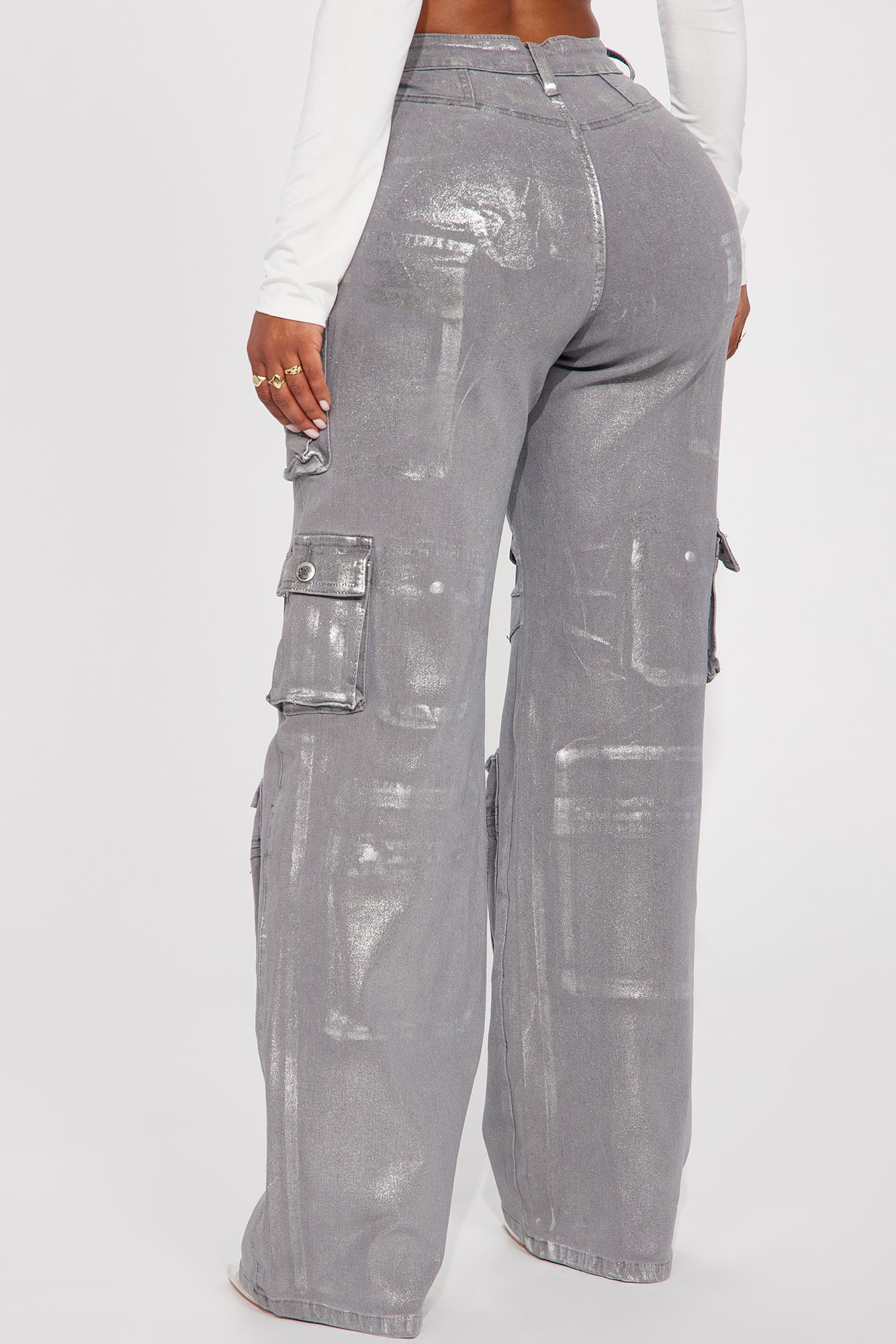 Time To Shine Foil Baggy Cargo Jeans - Silver - Image 4