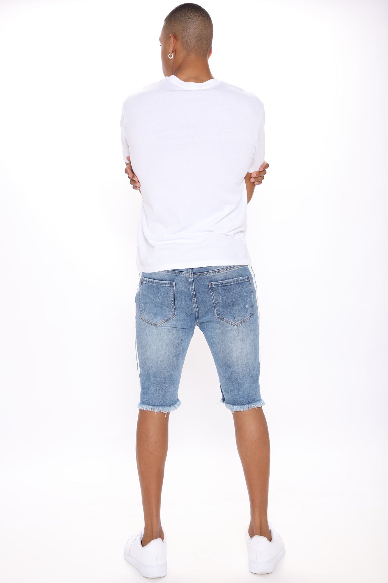 Picture Me Rollin Striped Denim Shorts - Medium Wash - Image 5