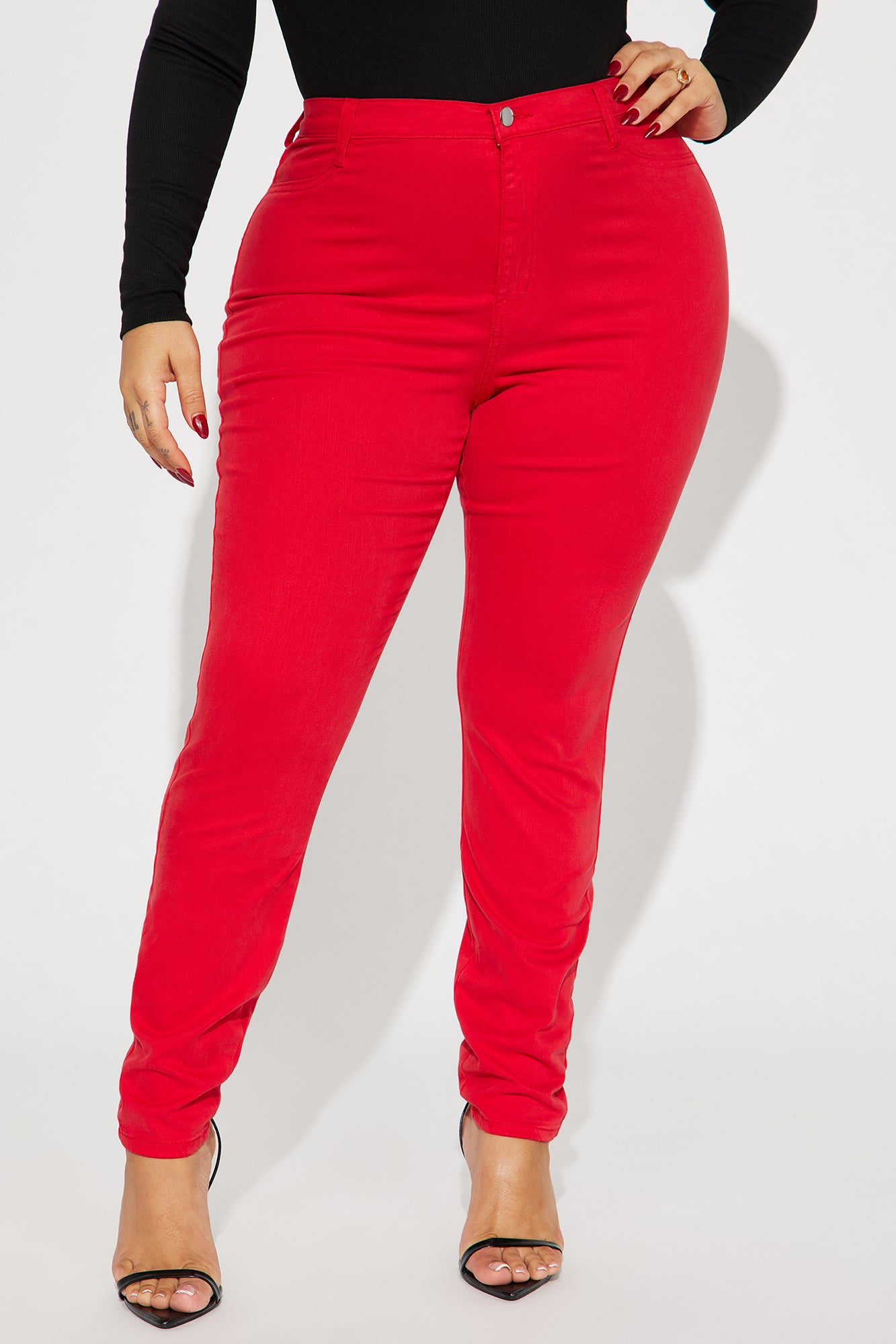 Classic Color High Waist Skinny Jeans - Red - Image 5