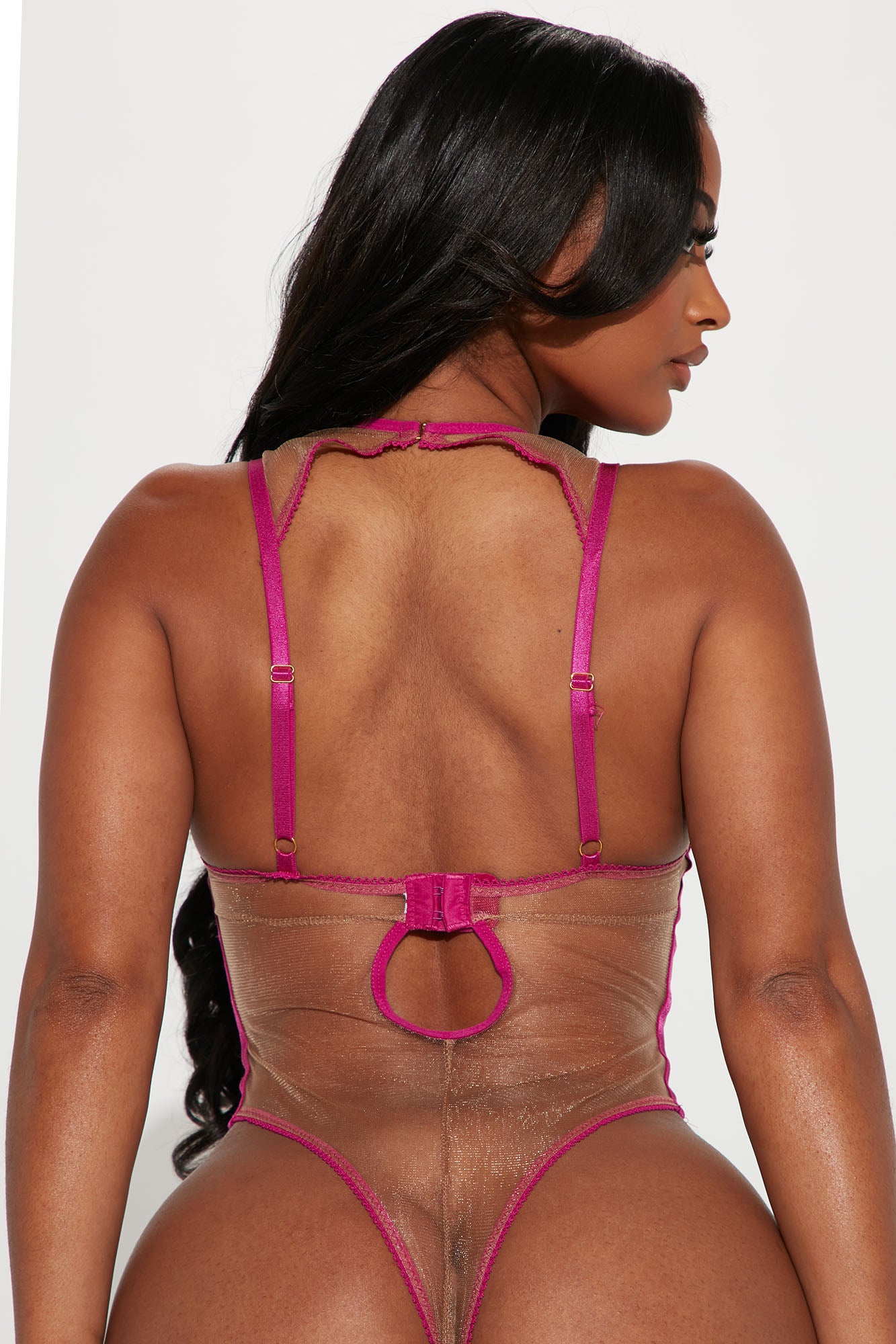 Soft Girl Lace Sheer Teddy - Fuchsia - Image 3