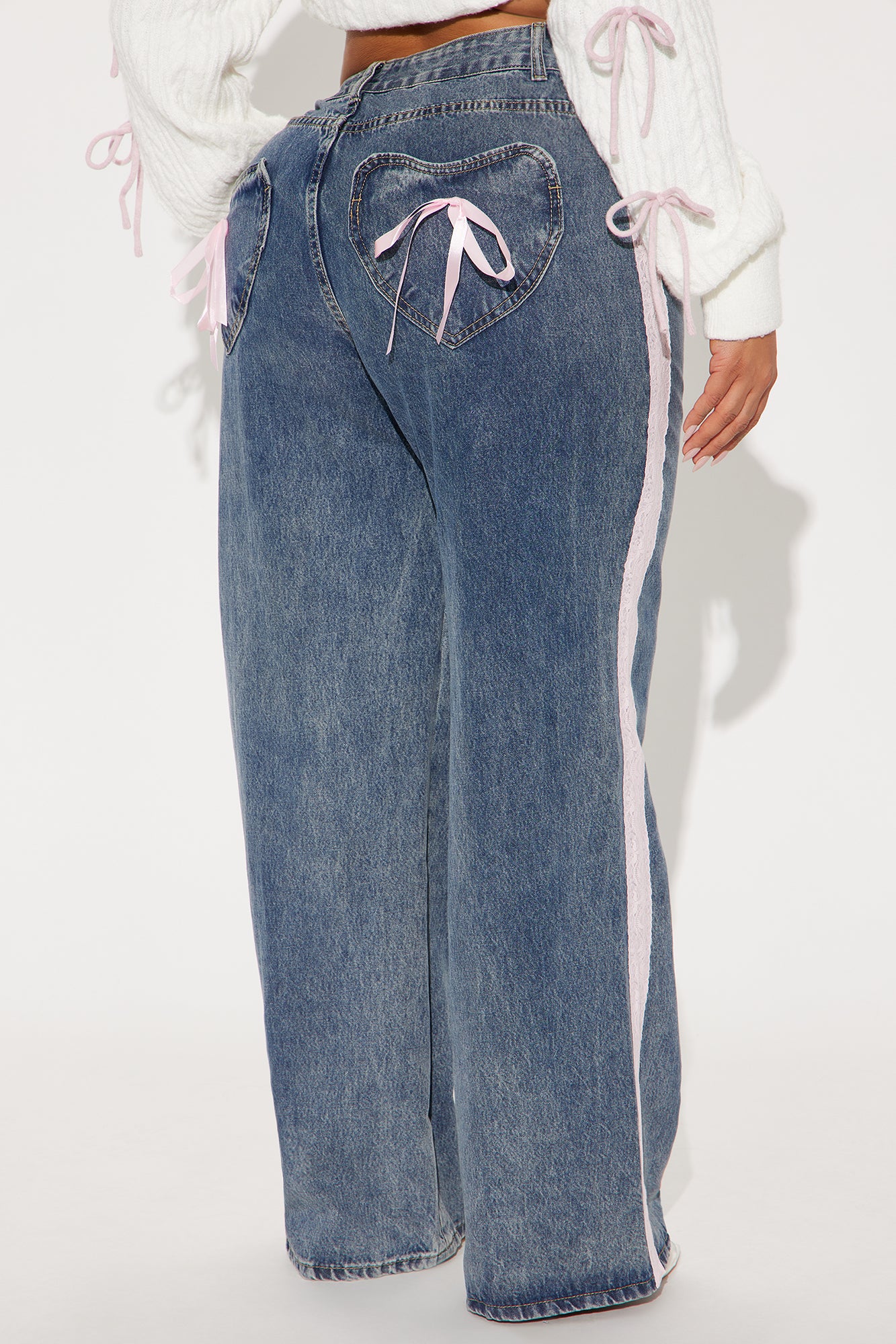 Keep It Sweet Lace Trim Bow Jeans - Light Wash - Image 5
