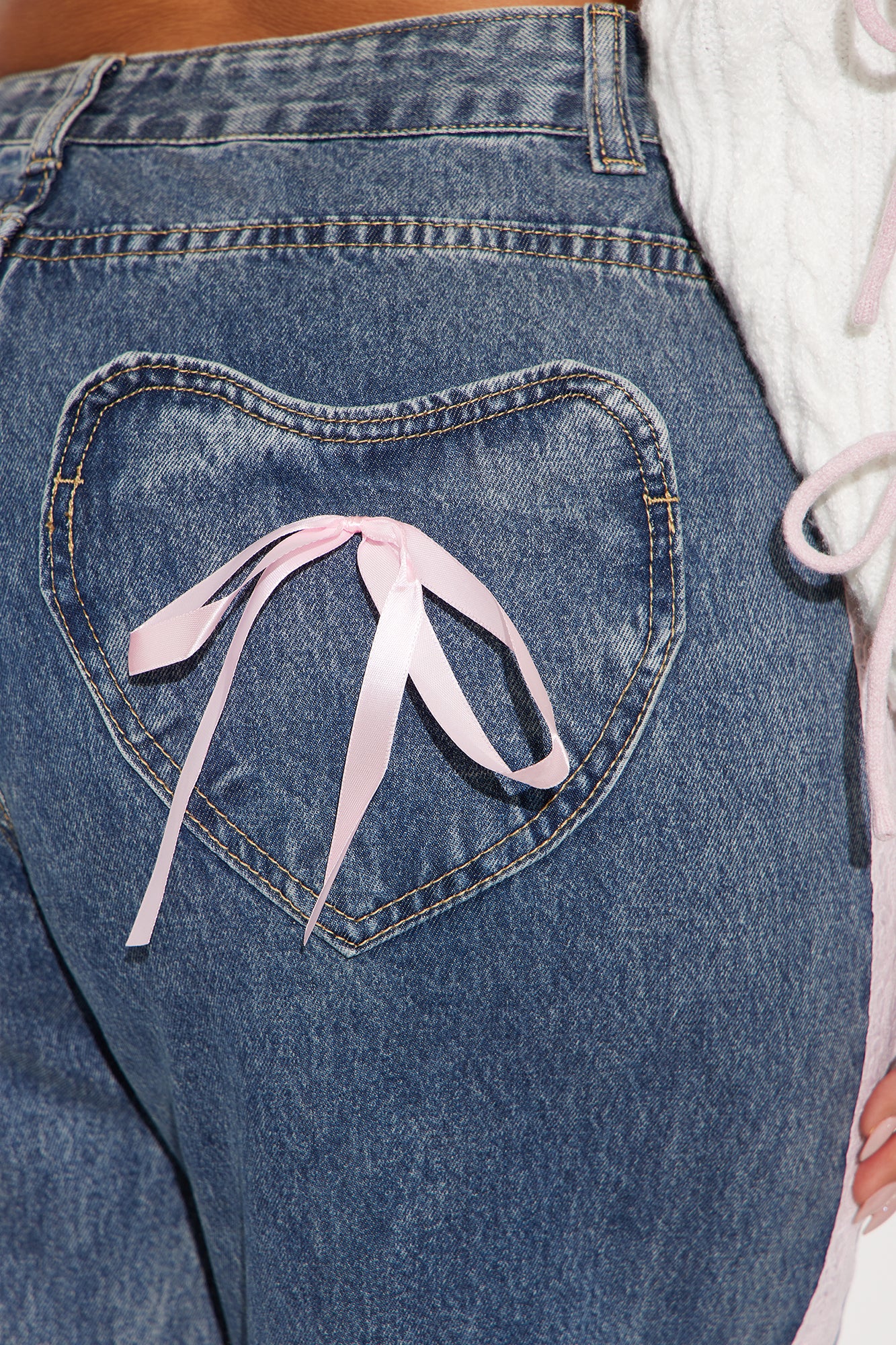 Keep It Sweet Lace Trim Bow Jeans - Light Wash - Image 8