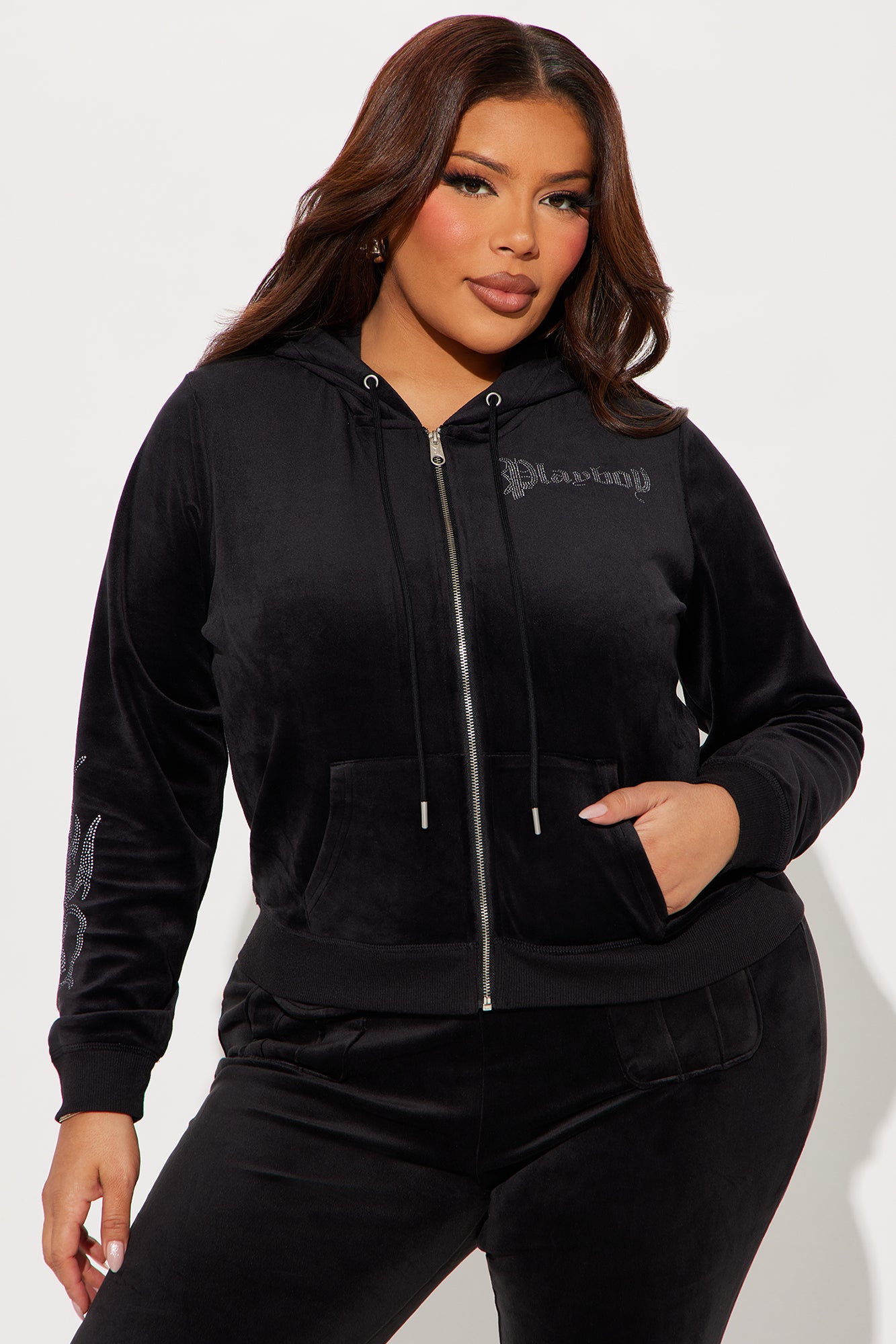 Playboy Iconic Velour Zip Front Hoodie - Black - Image 8