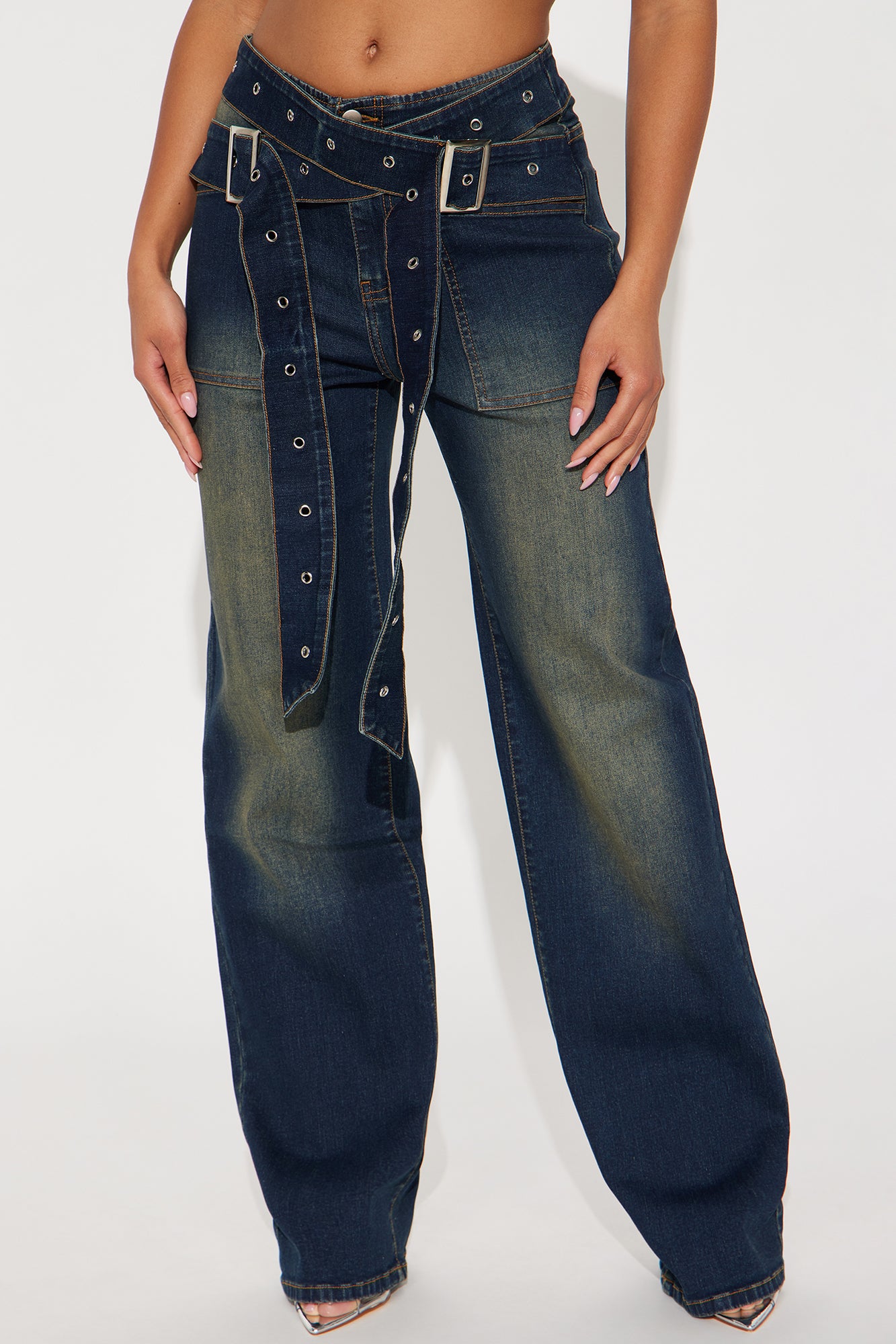 Don't Mind If I Do Belted Straight Leg Jeans - Dark Wash - Image 3