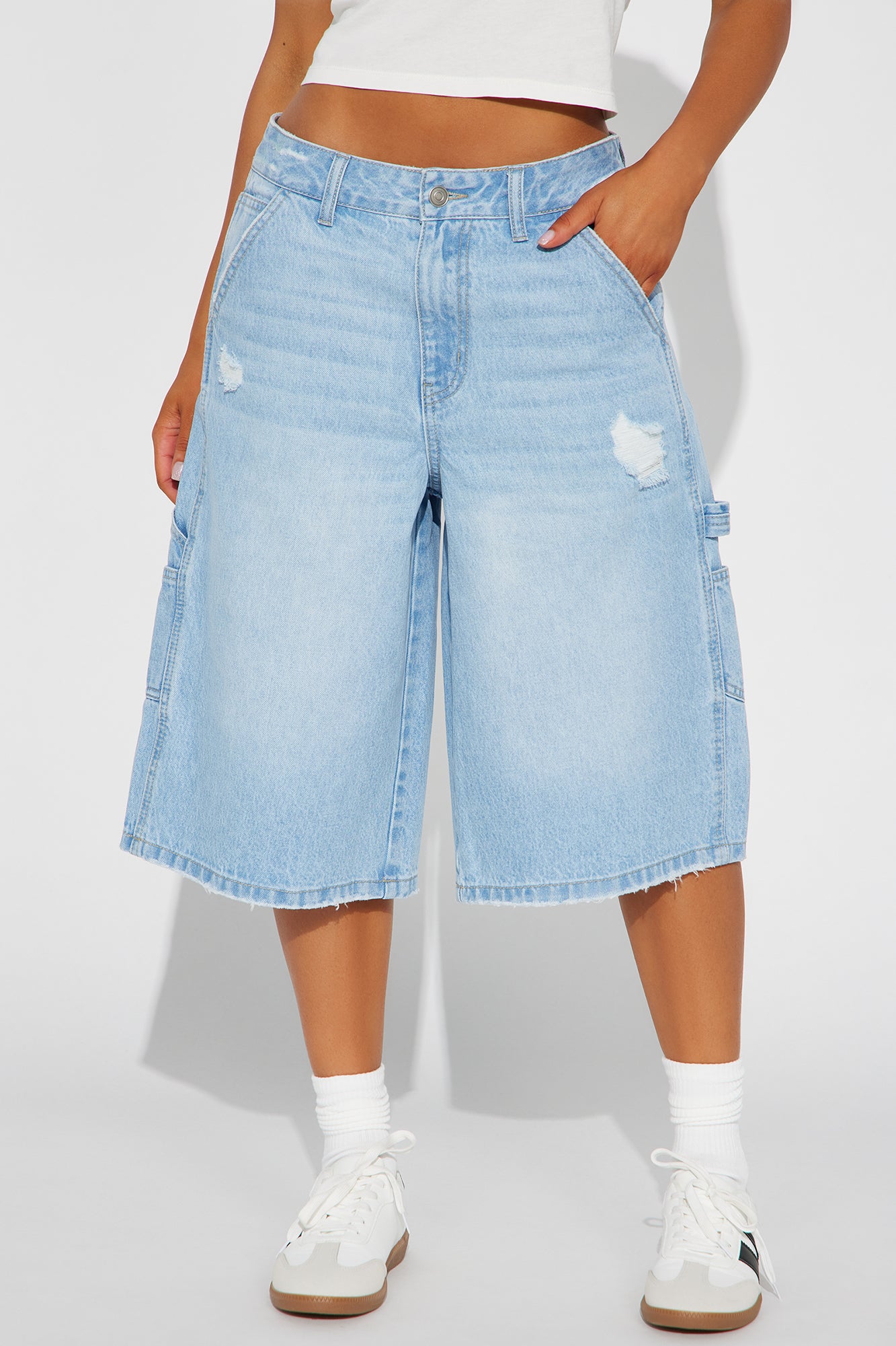 Talking About Me Ripped Carpenter Denim Jorts - Light Wash - Image 3
