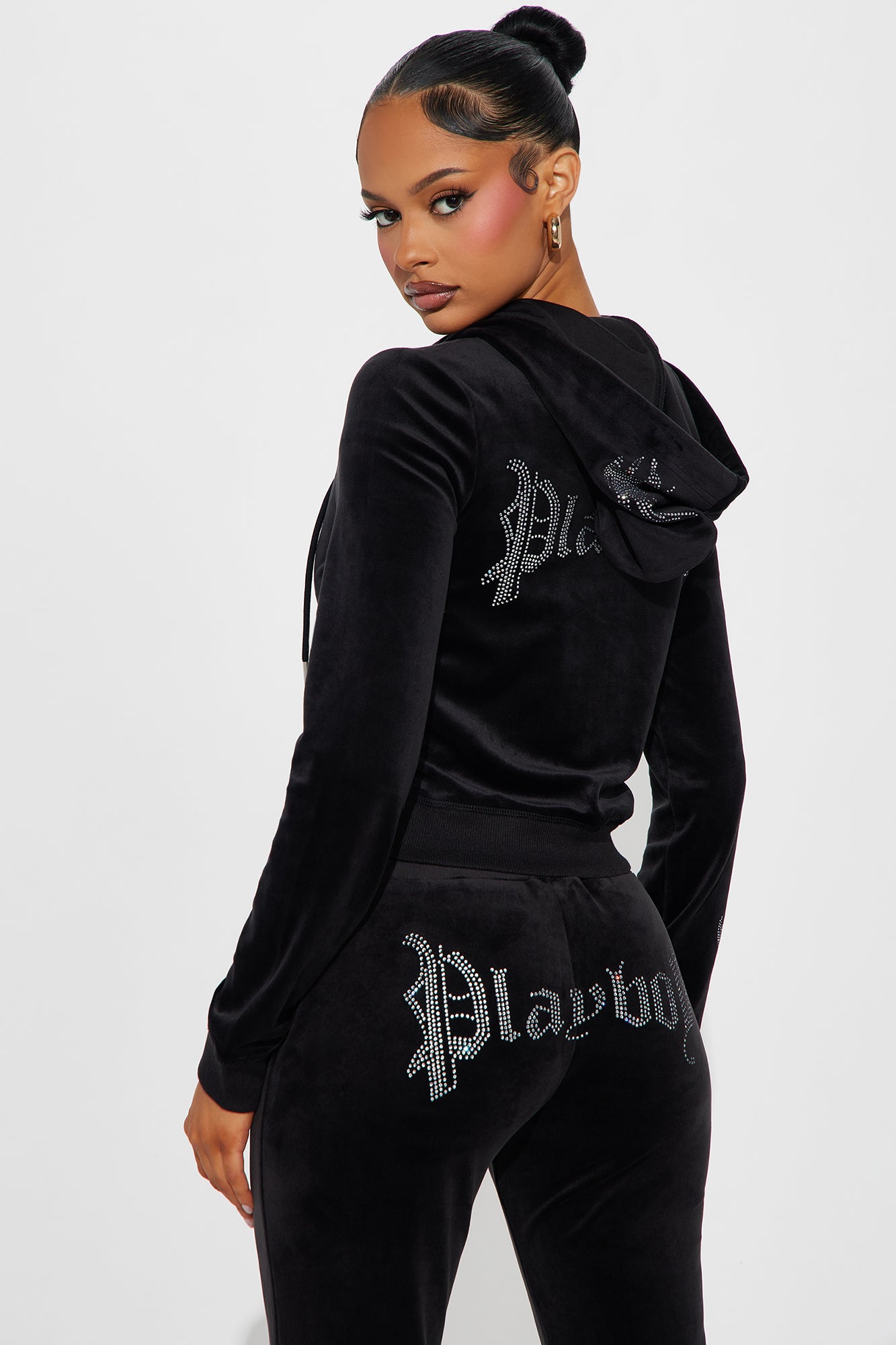 Playboy Iconic Velour Zip Front Hoodie - Black - Image 5