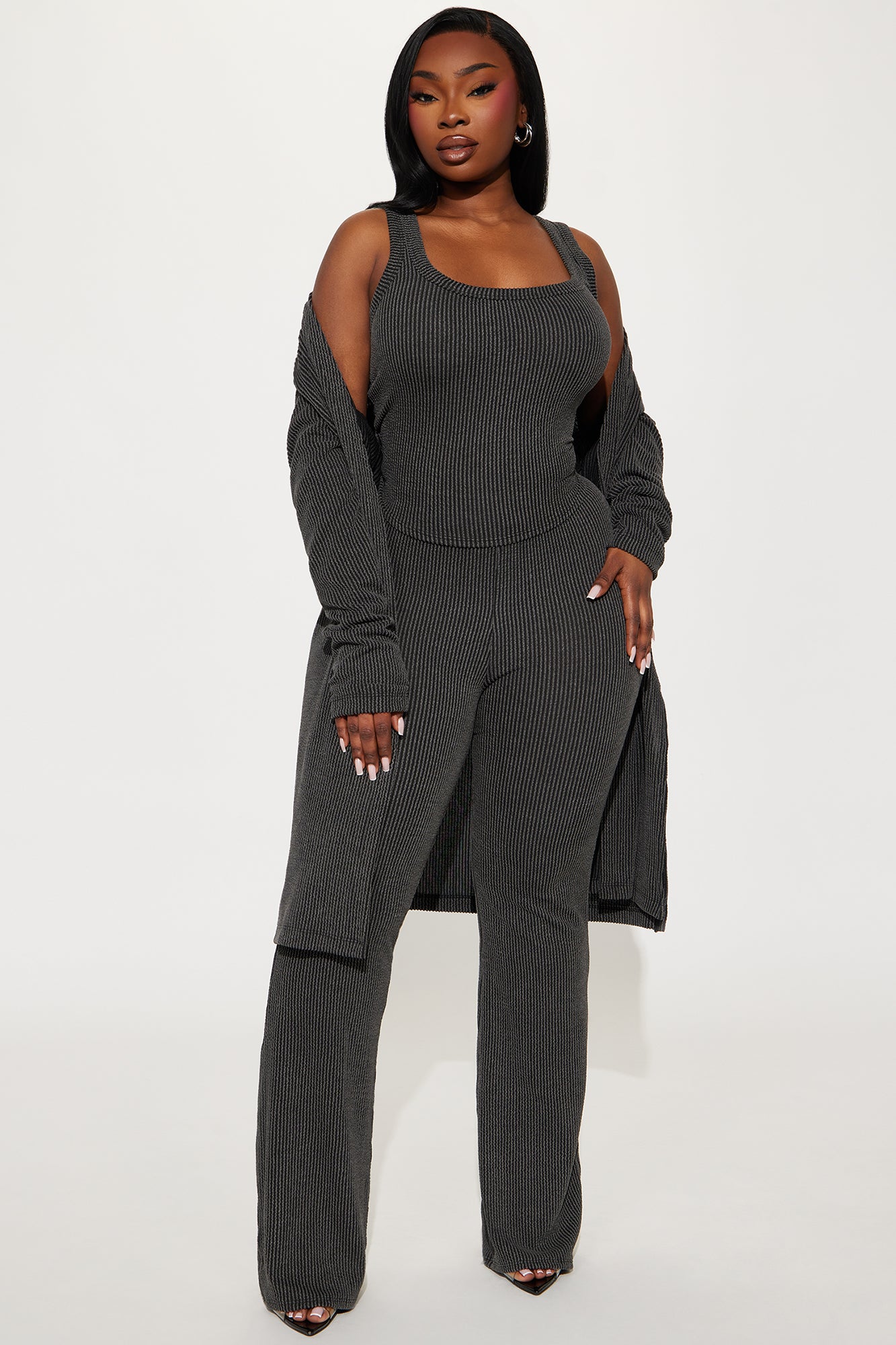 Weekend Vibe Ribbed 3 Piece Pant Set - Charcoal - Image 4