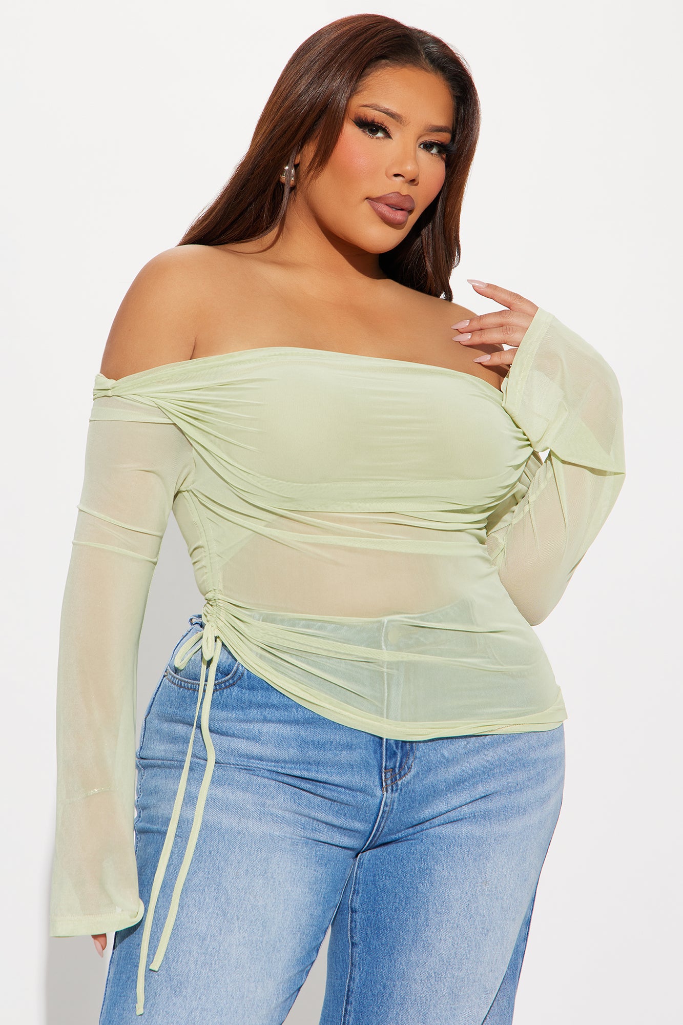 Molly Mesh Off Shoulder Top - Sage - Image 4