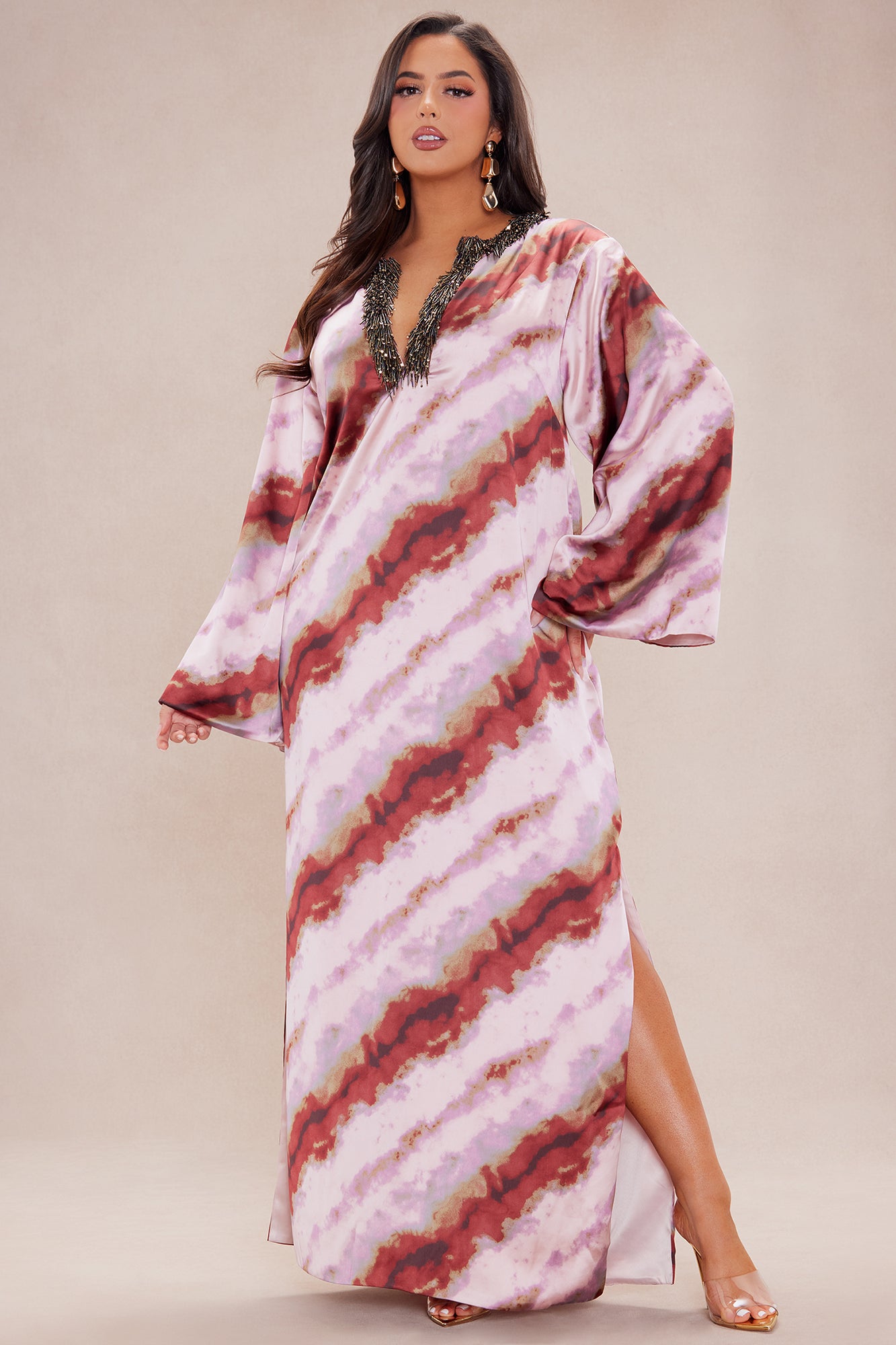 Stella Satin Kaftan Maxi Dress - Mauve/combo - Image 5