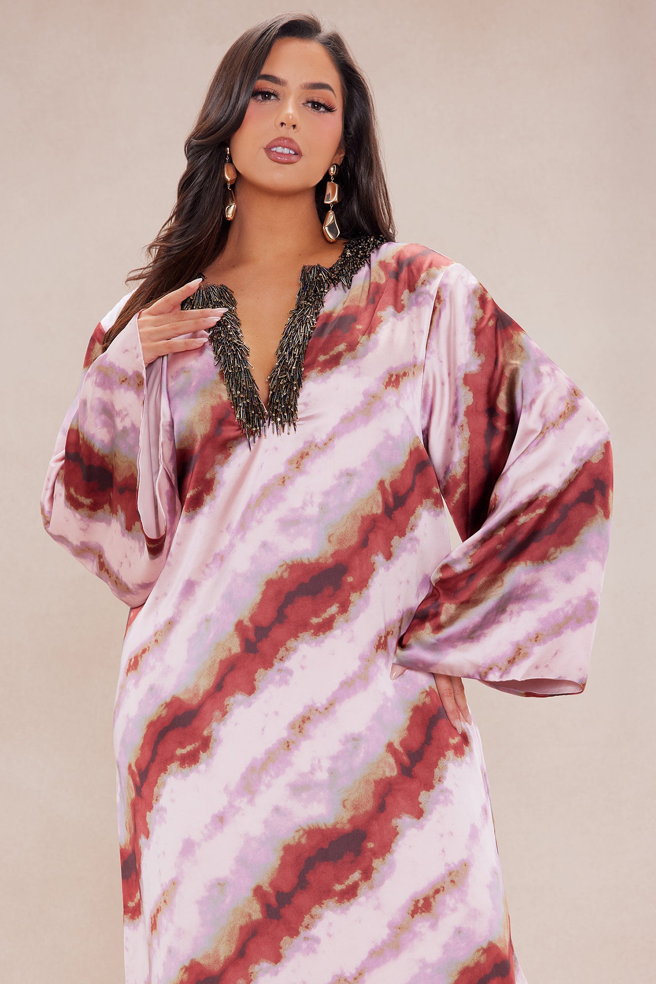 Stella Satin Kaftan Maxi Dress - Mauve/combo - Image 6