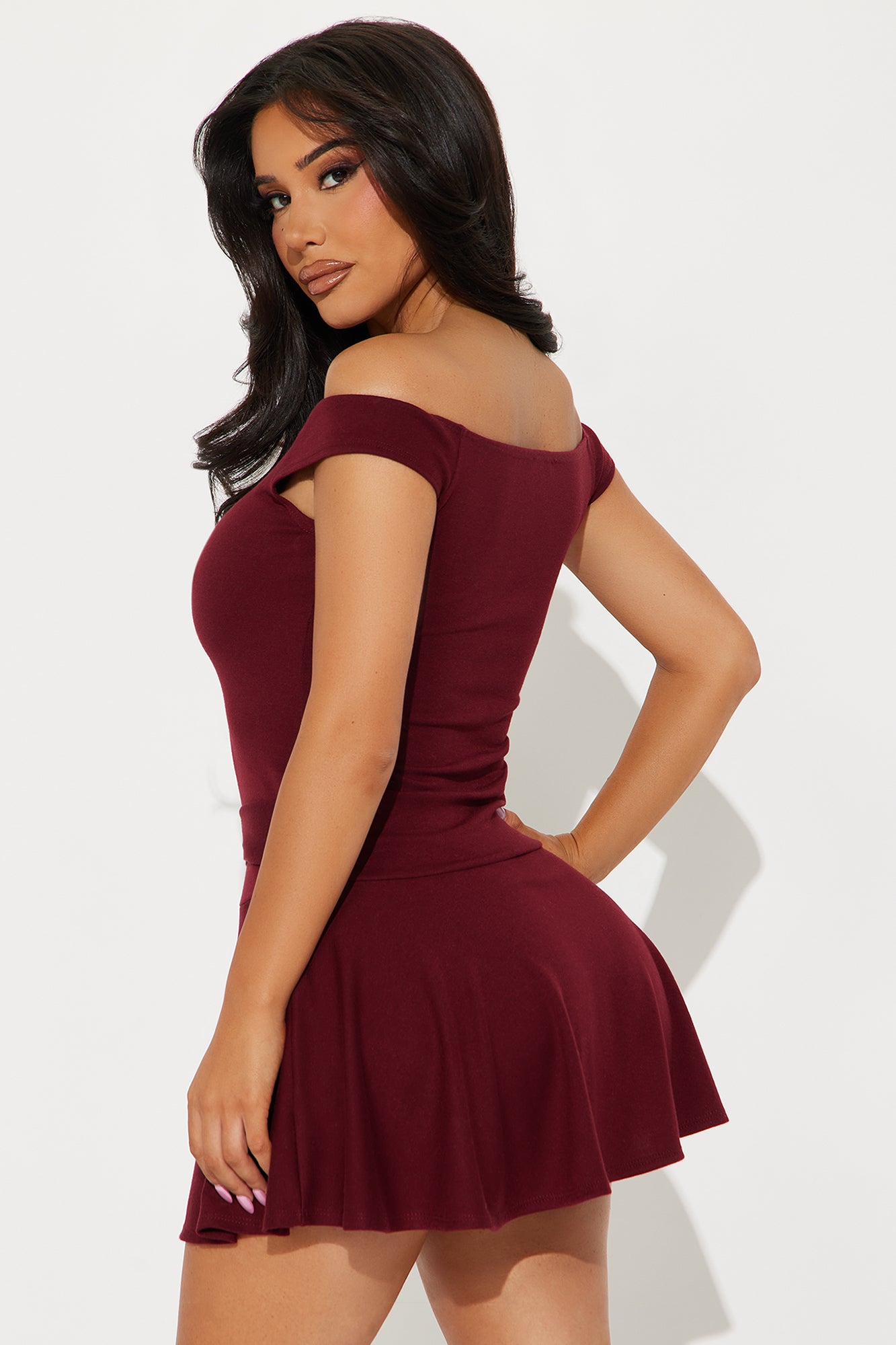 Zaya Off Shoulder Mini Dress - Wine - Image 3