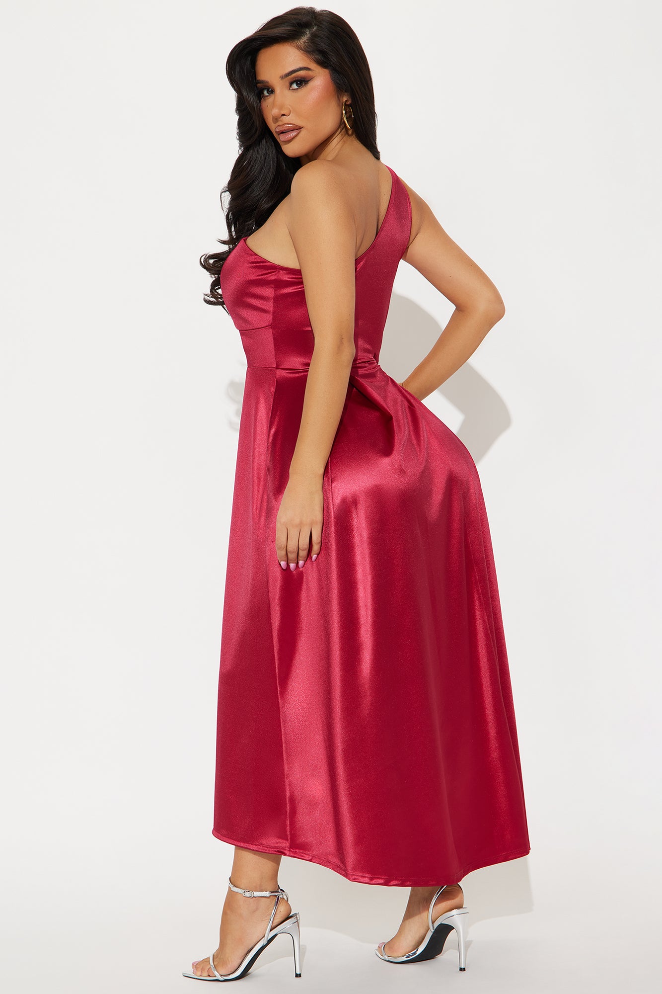 Alaina One Shoulder Tricot Midi Dress - Wine - Image 3