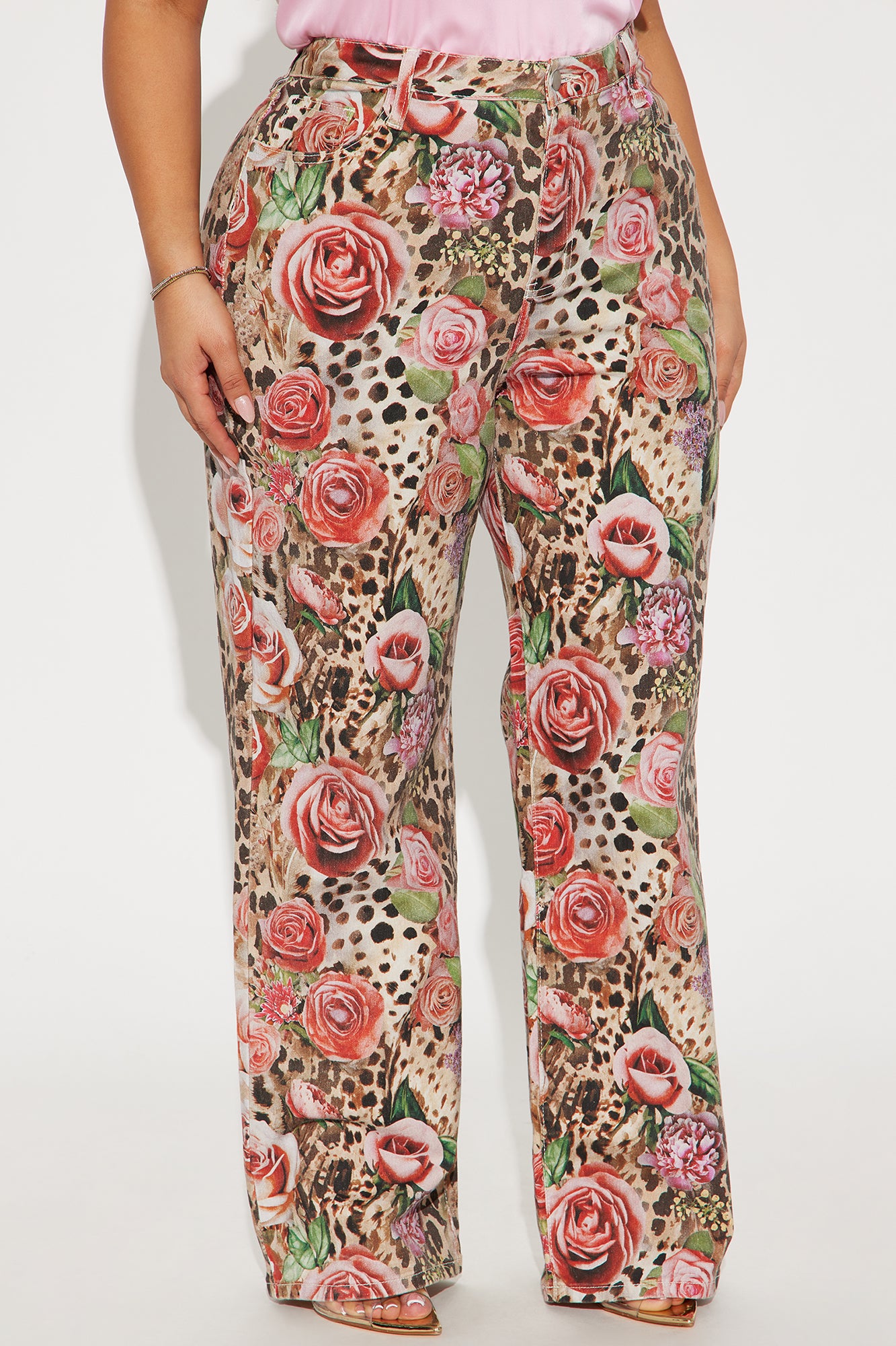 Keep Me Wild Floral Animal Print Stretch Baggy Jeans - Brown Combo - Image 5