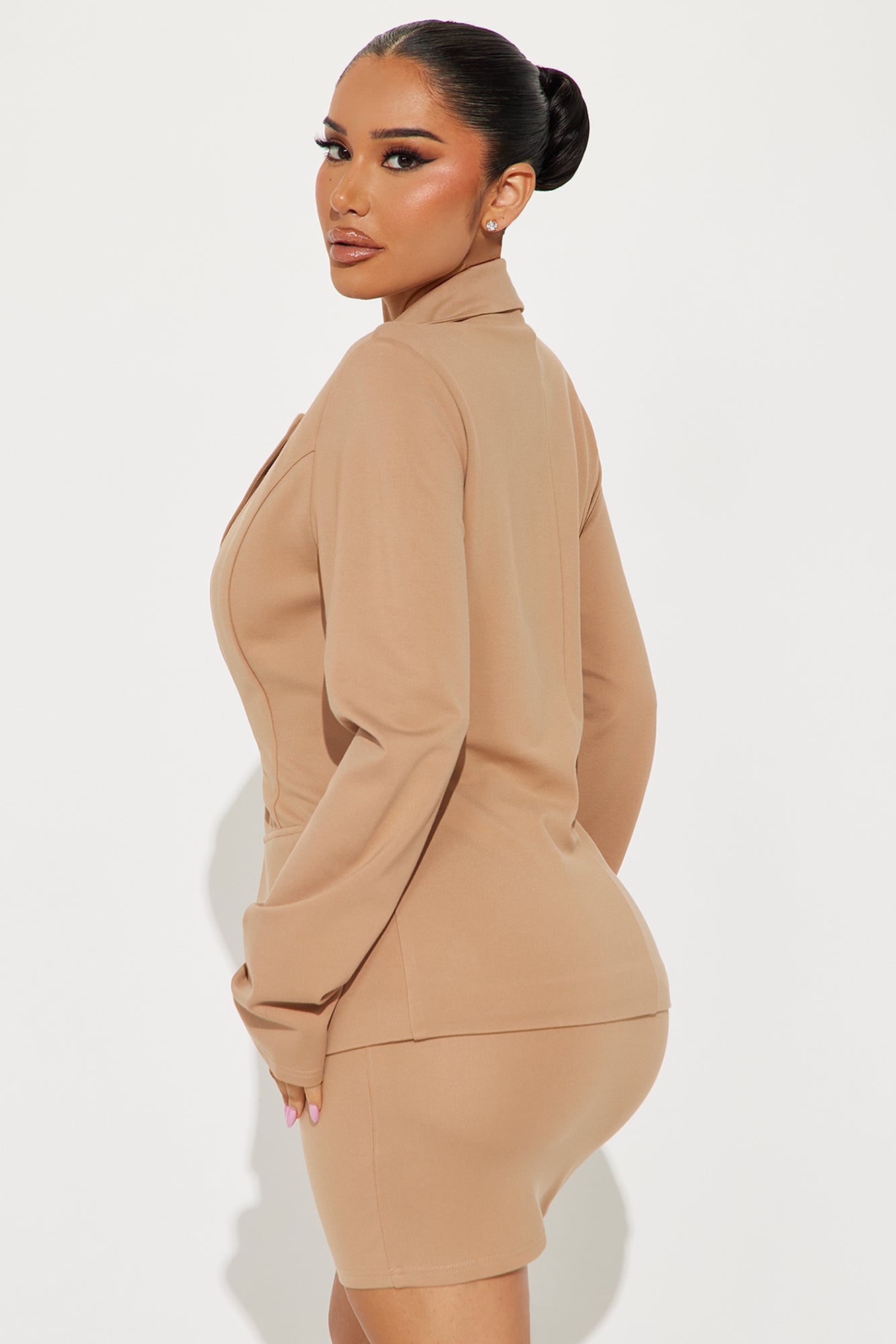 The Mia Double Lined Ponte Blazer Skirt Set - Tan - Image 3