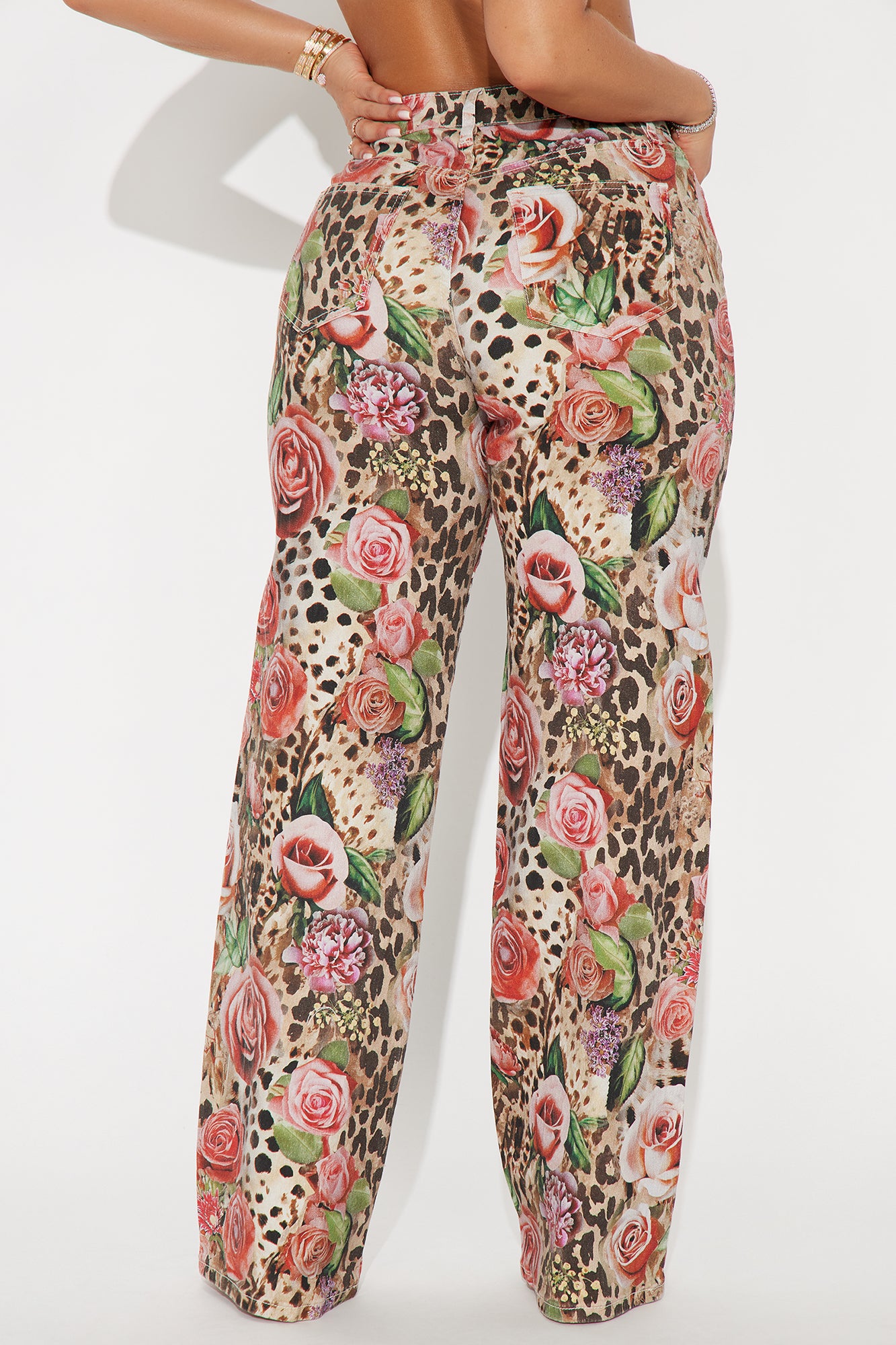 Keep Me Wild Floral Animal Print Stretch Baggy Jeans - Brown Combo - Image 3